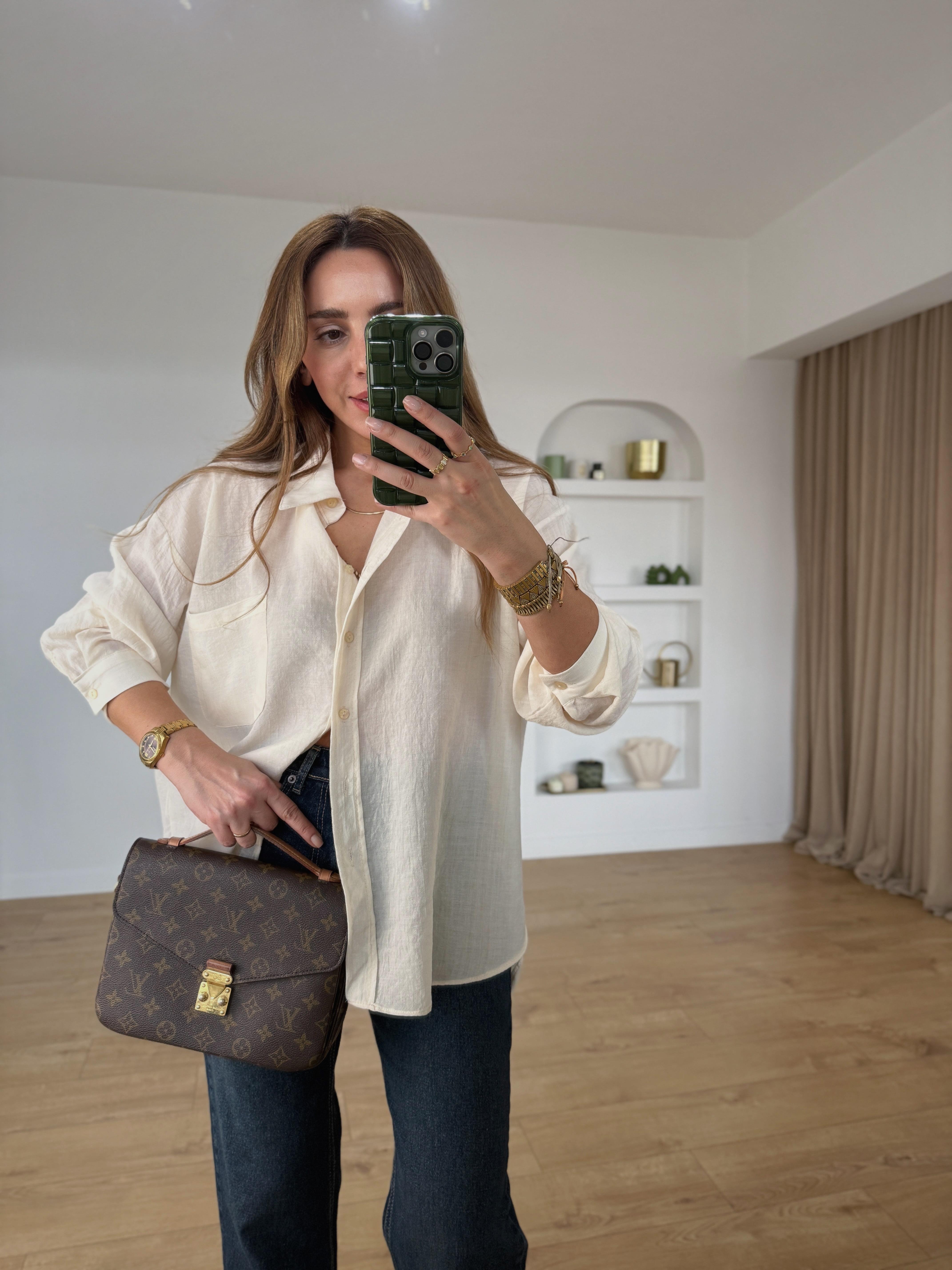 4846 Ekru Oversize Cepli Gömlek