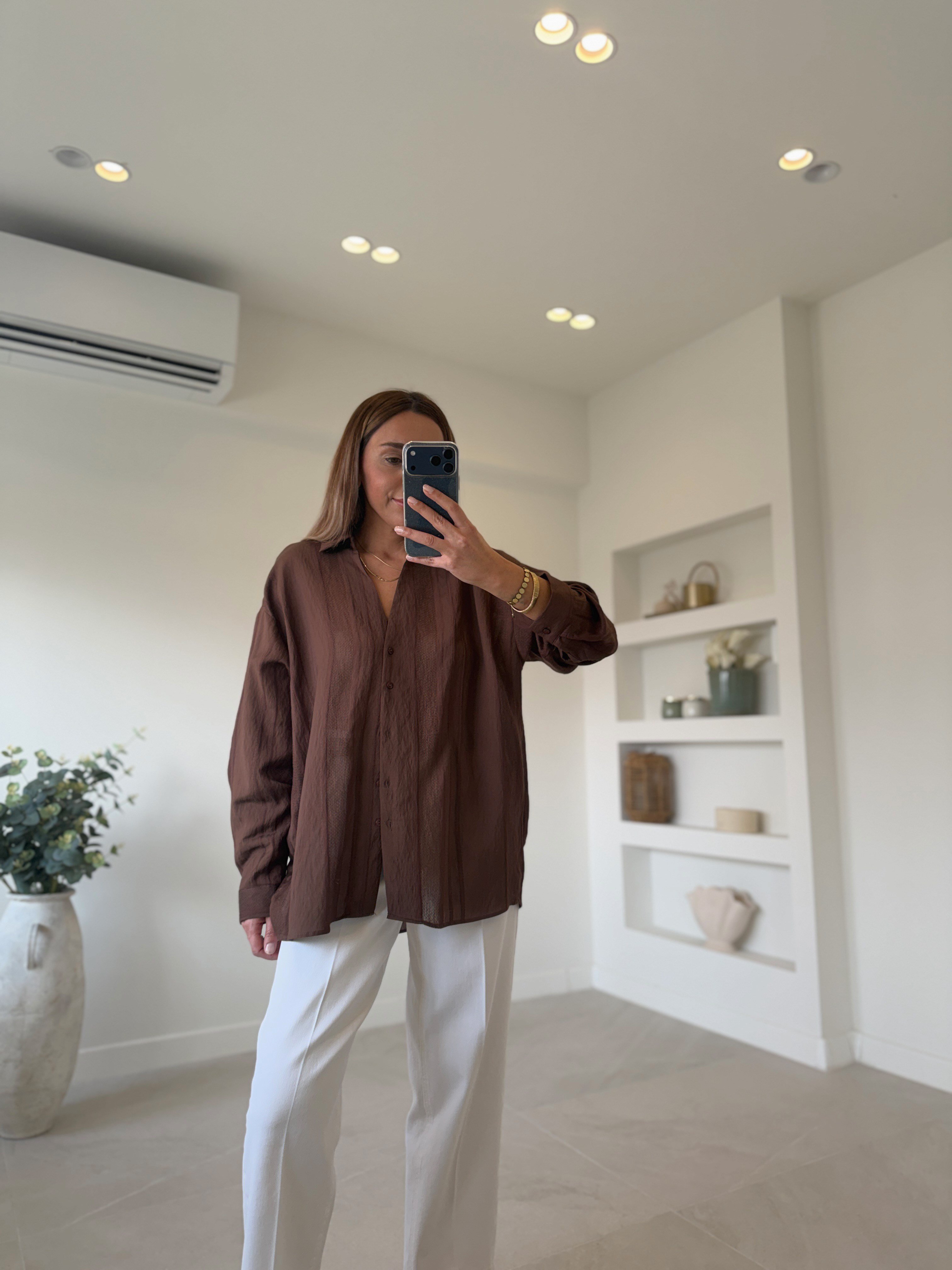4914 Kahve Premium Dokulu Transparan Gömlek