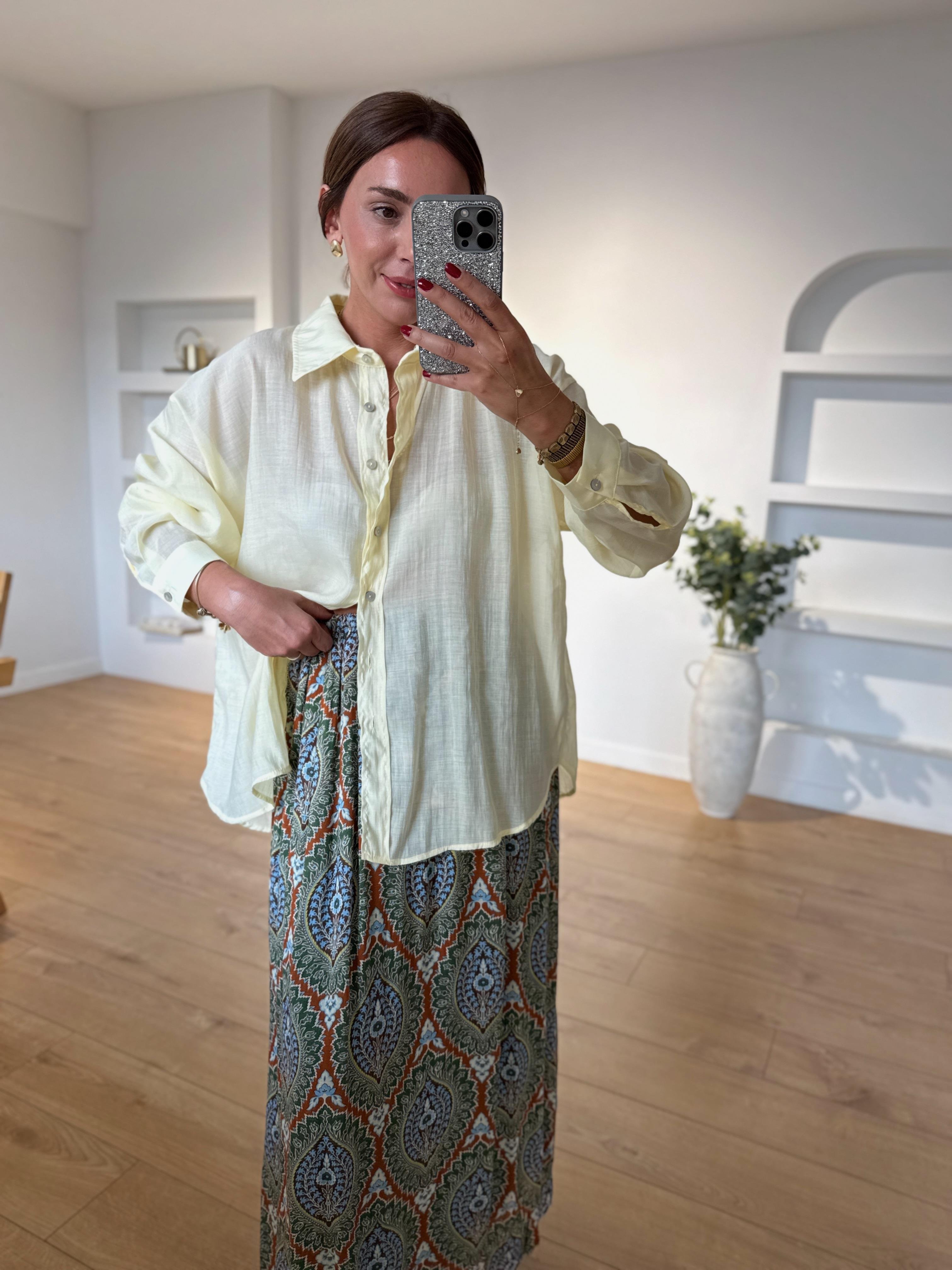 4924 Açık Sarı  Oversize İpeksi Gömlek