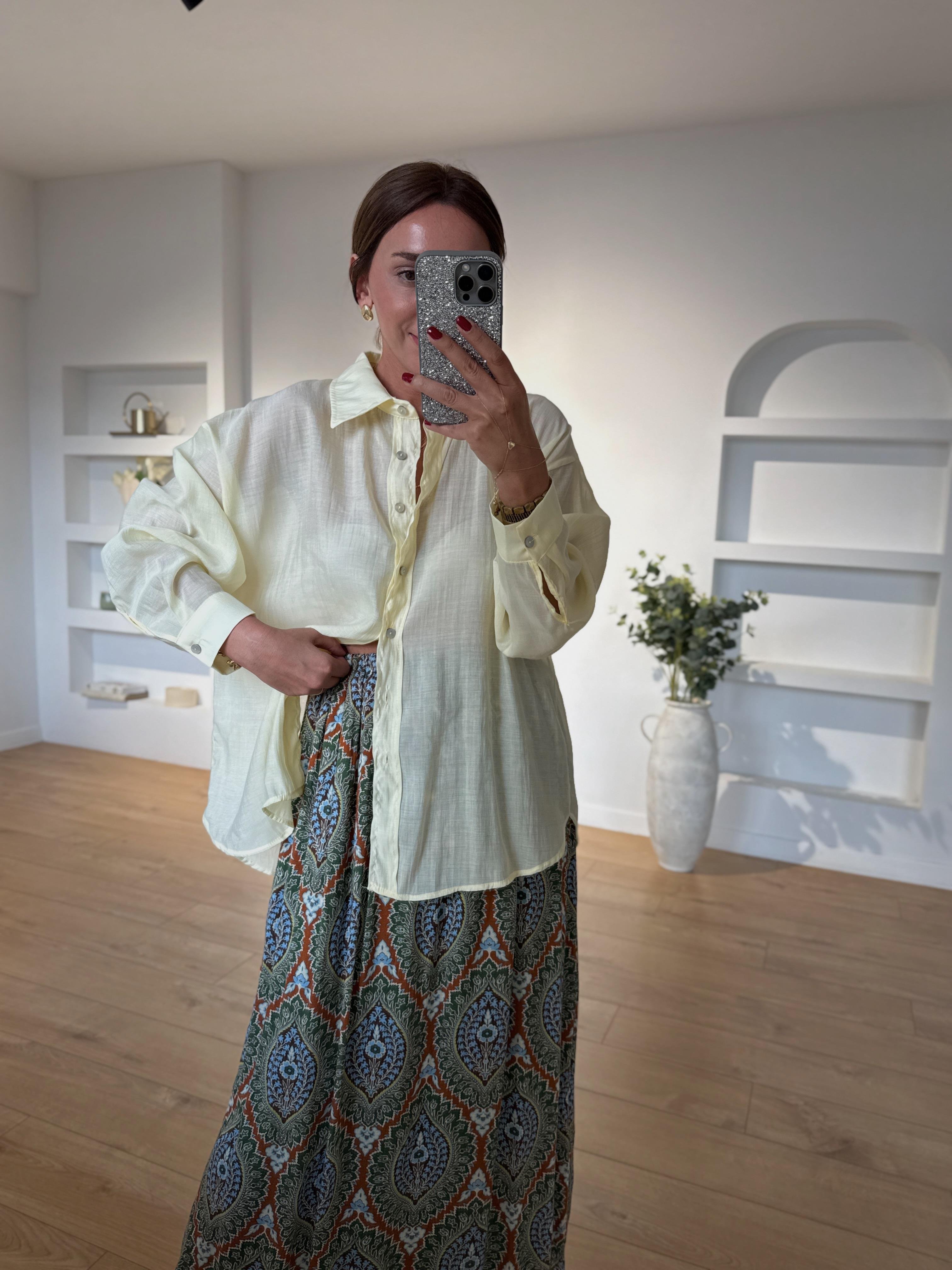 4924 Açık Sarı  Oversize İpeksi Gömlek