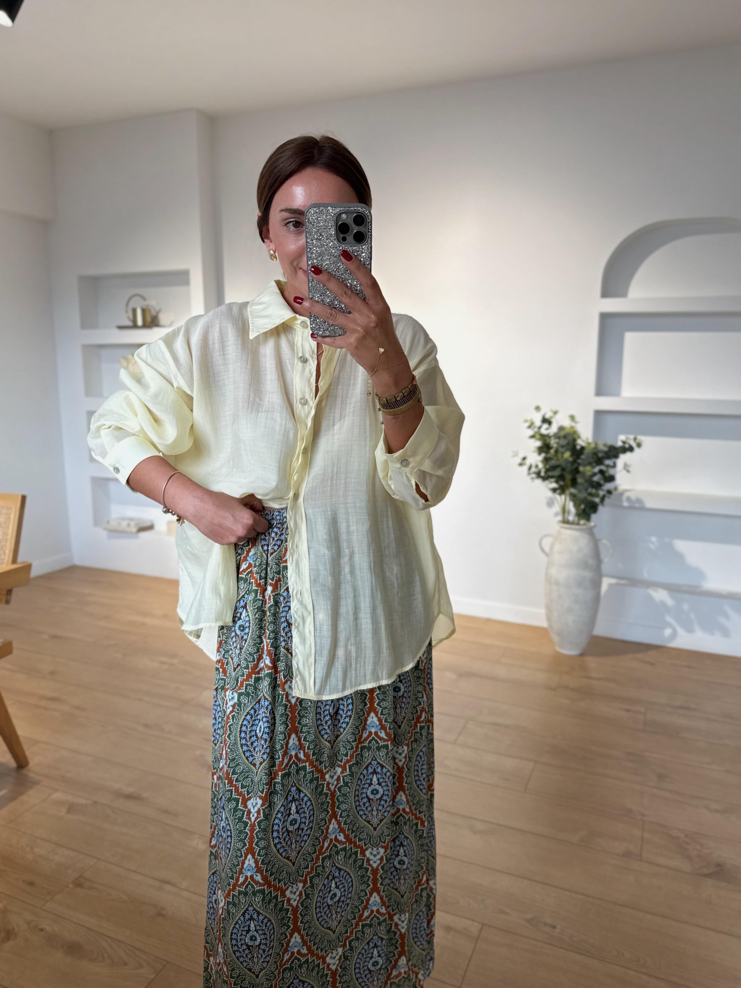 4924 Açık Sarı  Oversize İpeksi Gömlek