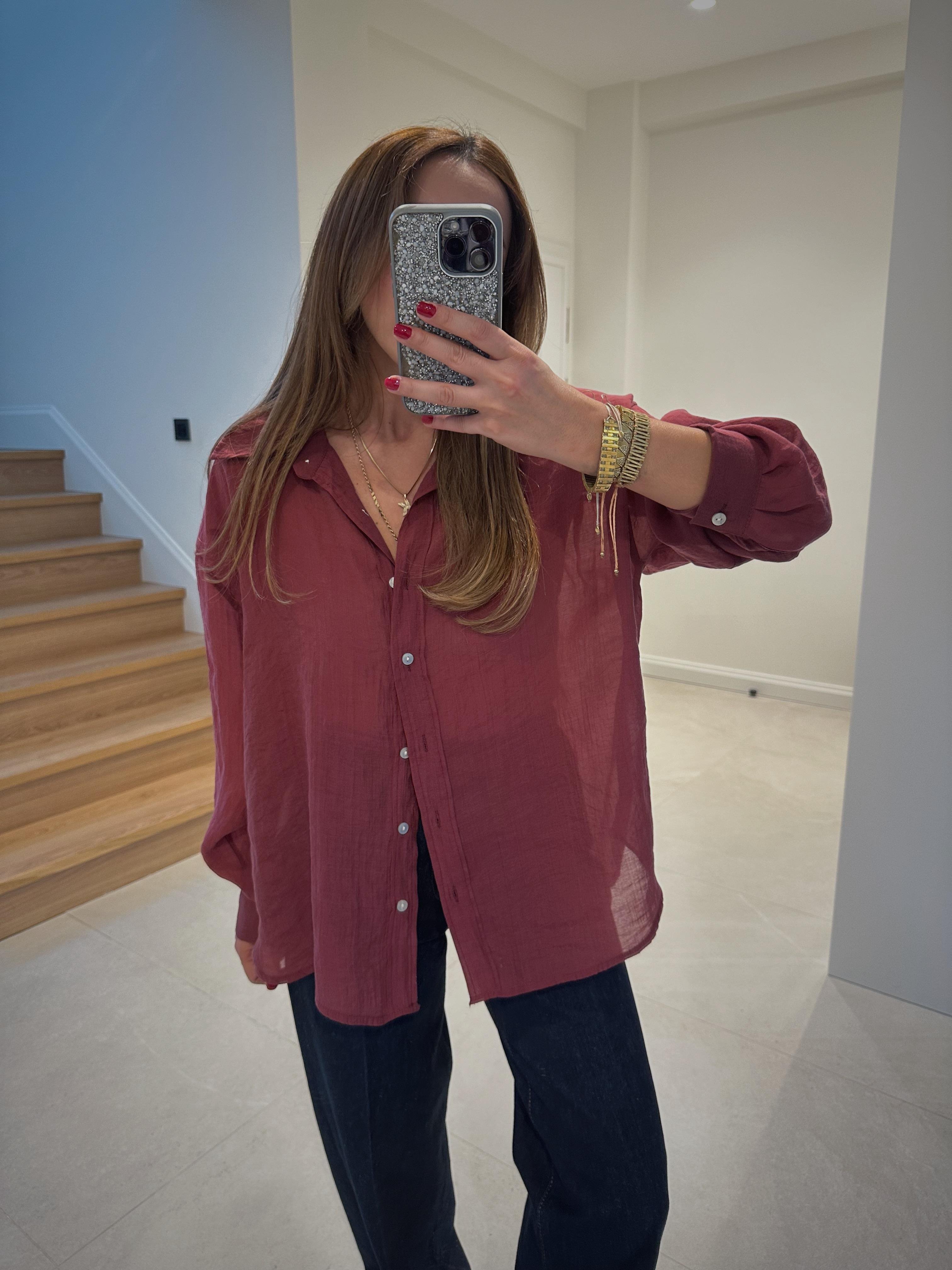 4924 Bordo Oversize İpeksi Gömlek