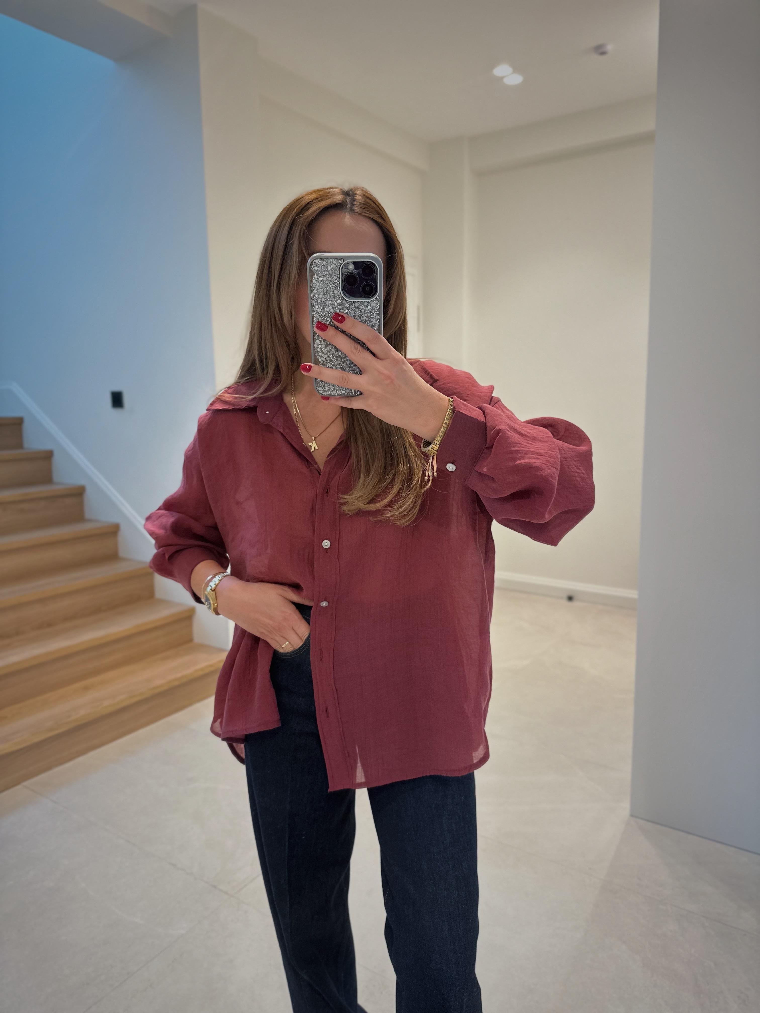 4924 Bordo Oversize İpeksi Gömlek