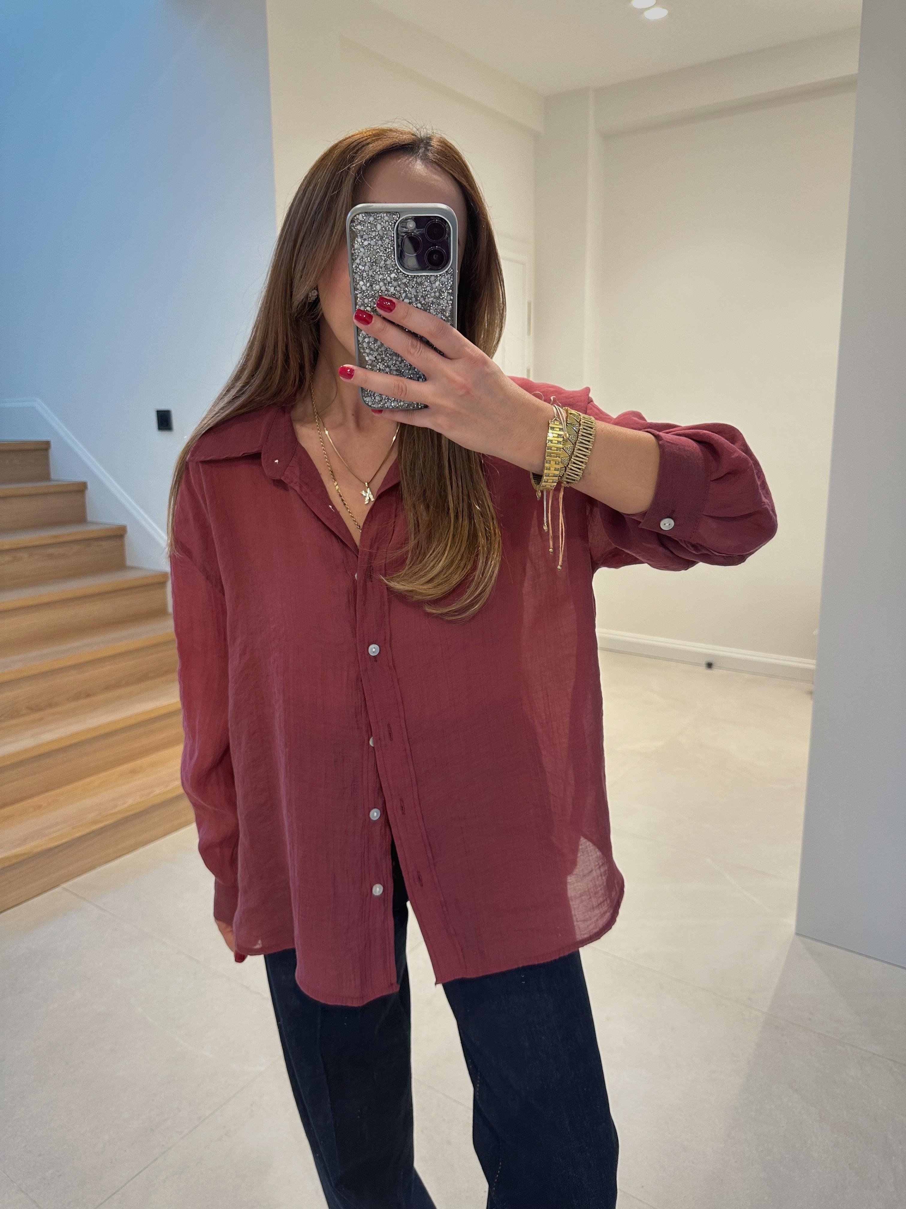 4924 Bordo Oversize İpeksi Gömlek