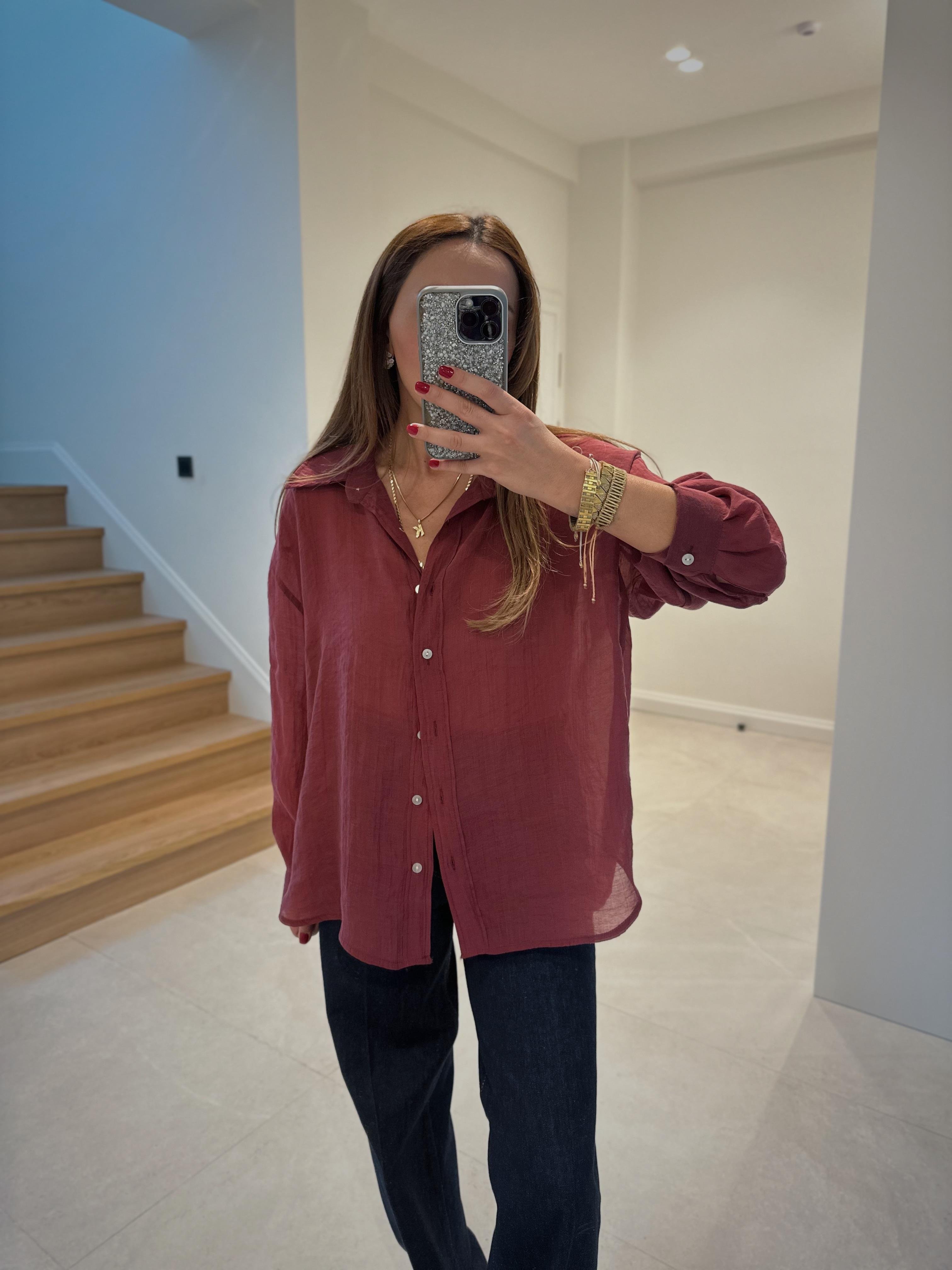 4924 Bordo Oversize İpeksi Gömlek