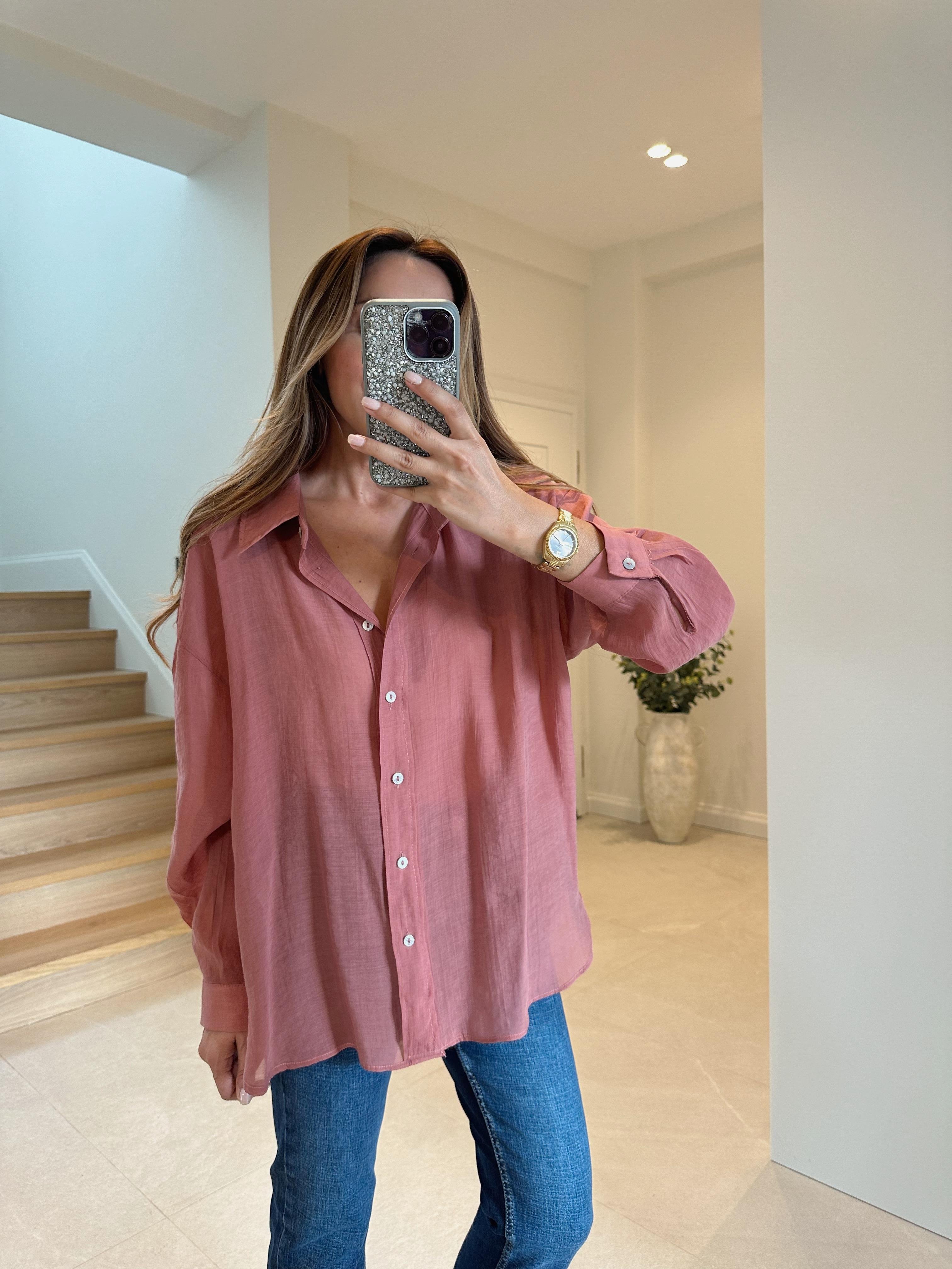 4924 Kiremit Oversize İpeksi Gömlek