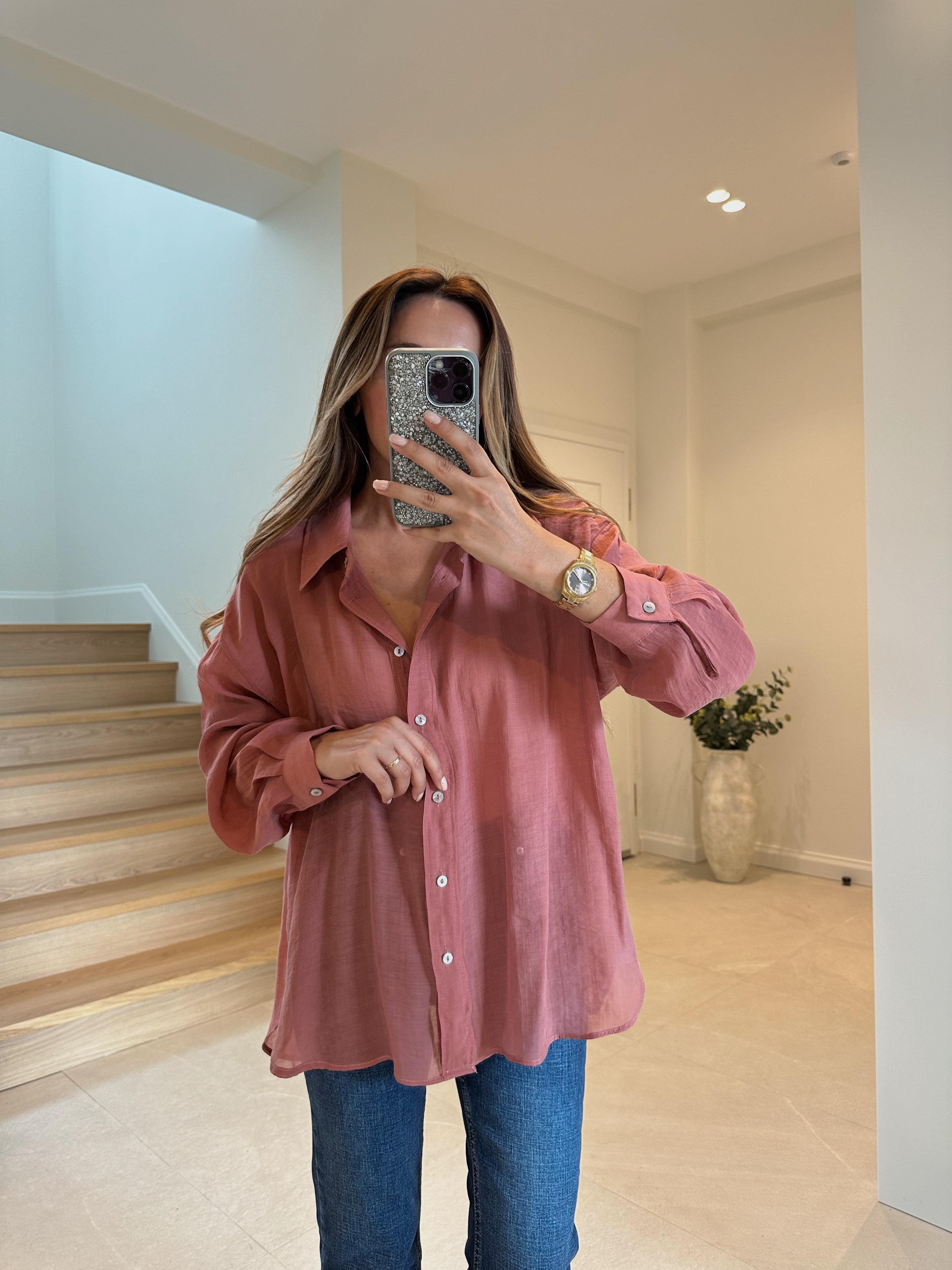 4924 Kiremit Oversize İpeksi Gömlek