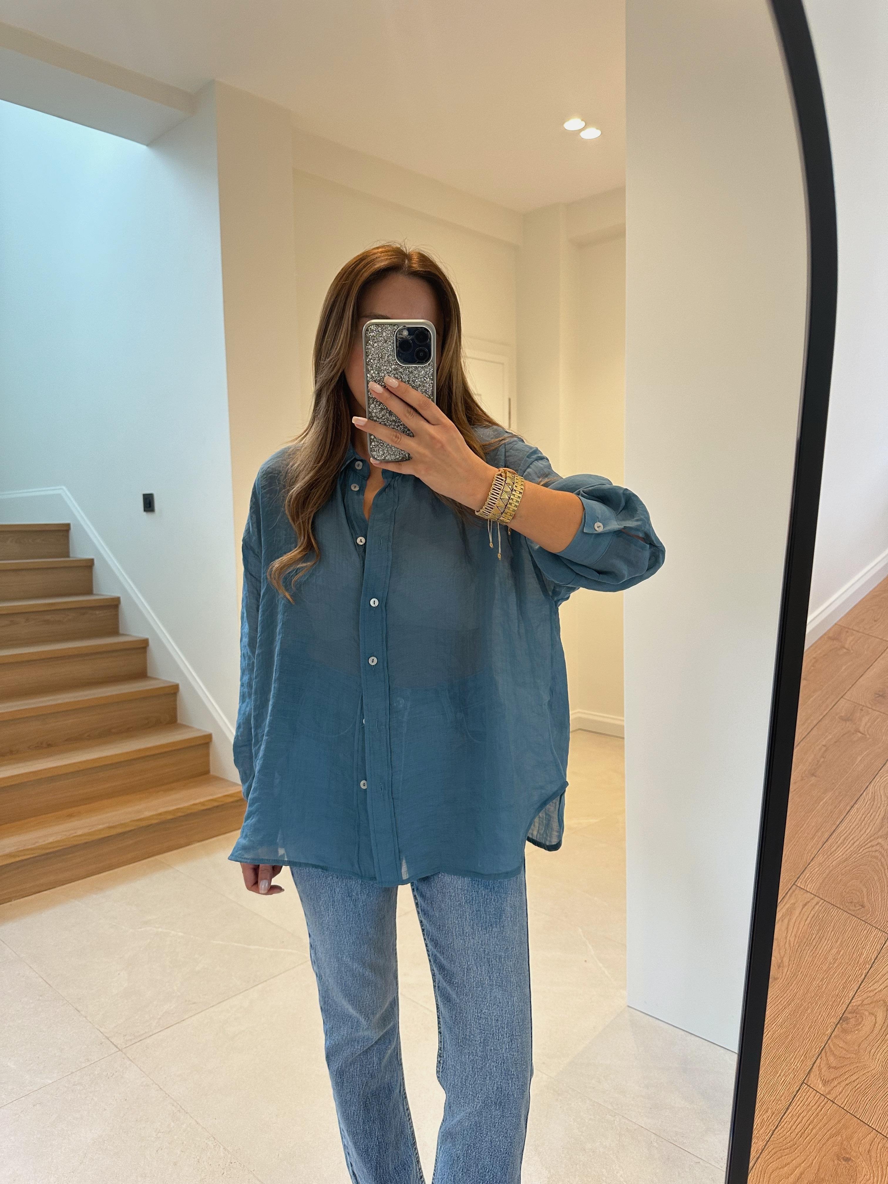 4924 Mavi Oversize İpeksi Gömlek