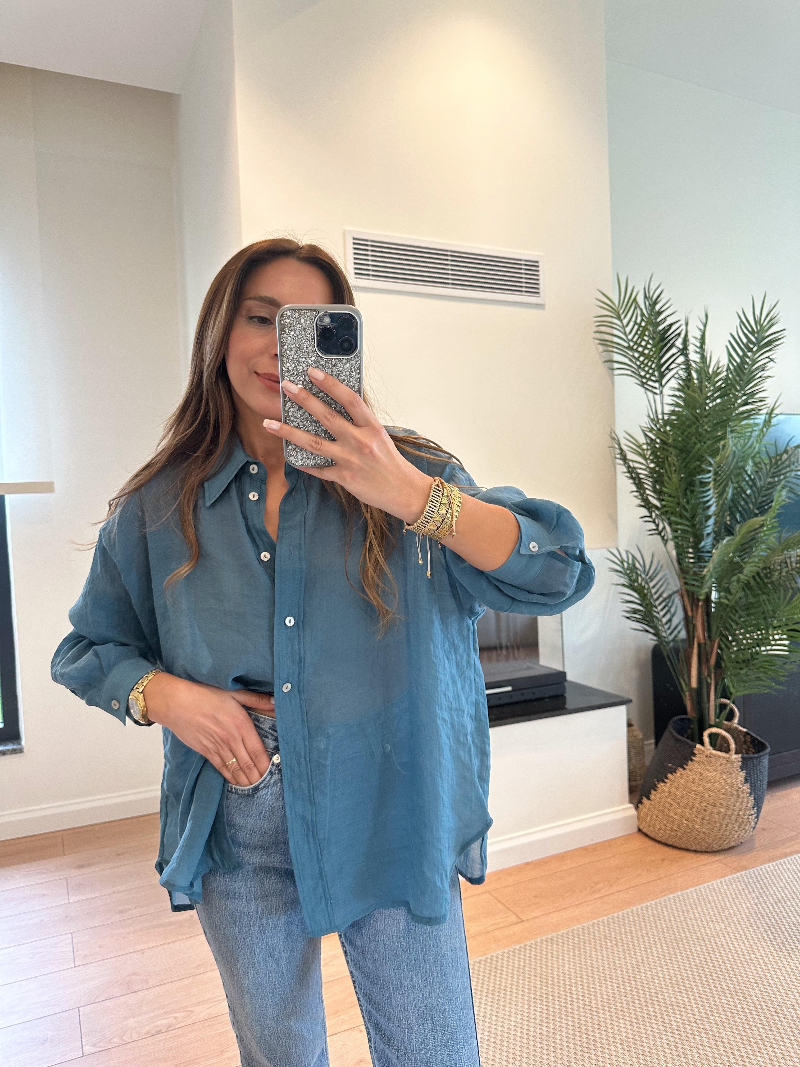 4924 Mavi Oversize İpeksi Gömlek