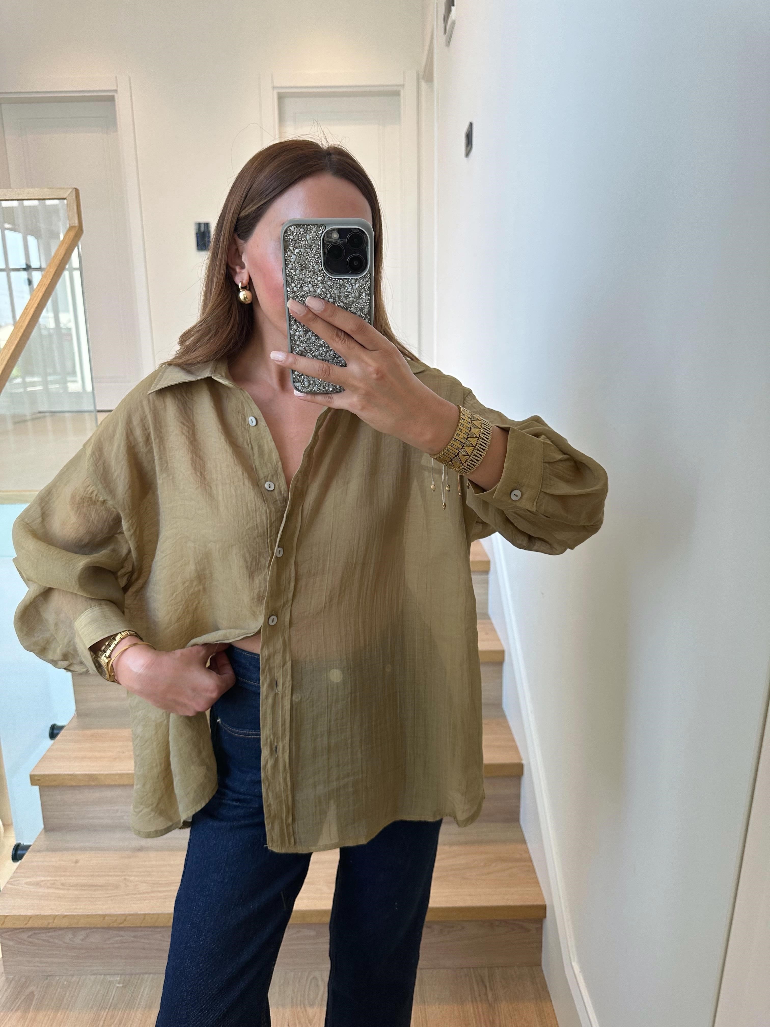 4924 Olive Oversize İpeksi Gömlek