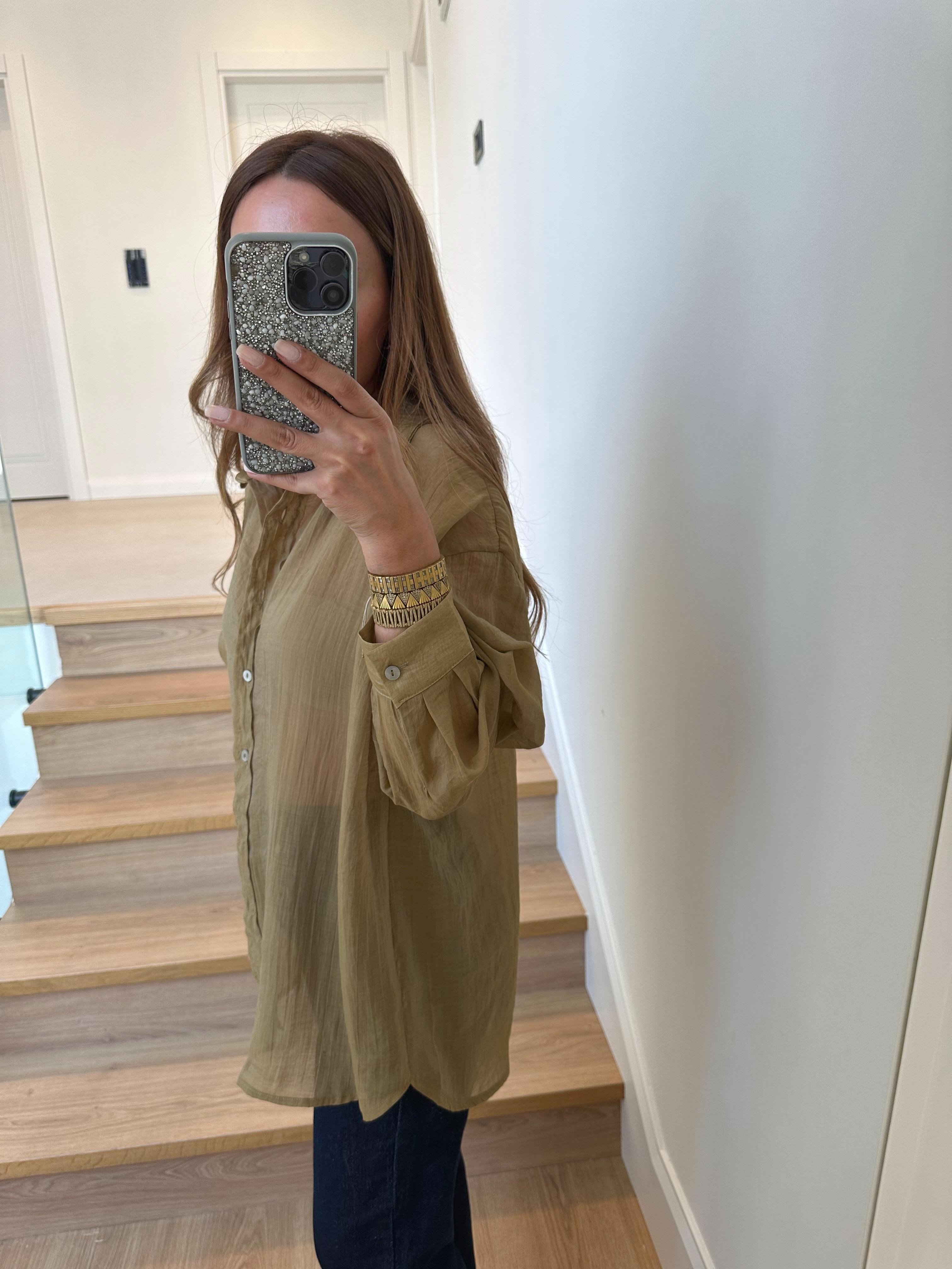 4924 Olive Oversize İpeksi Gömlek