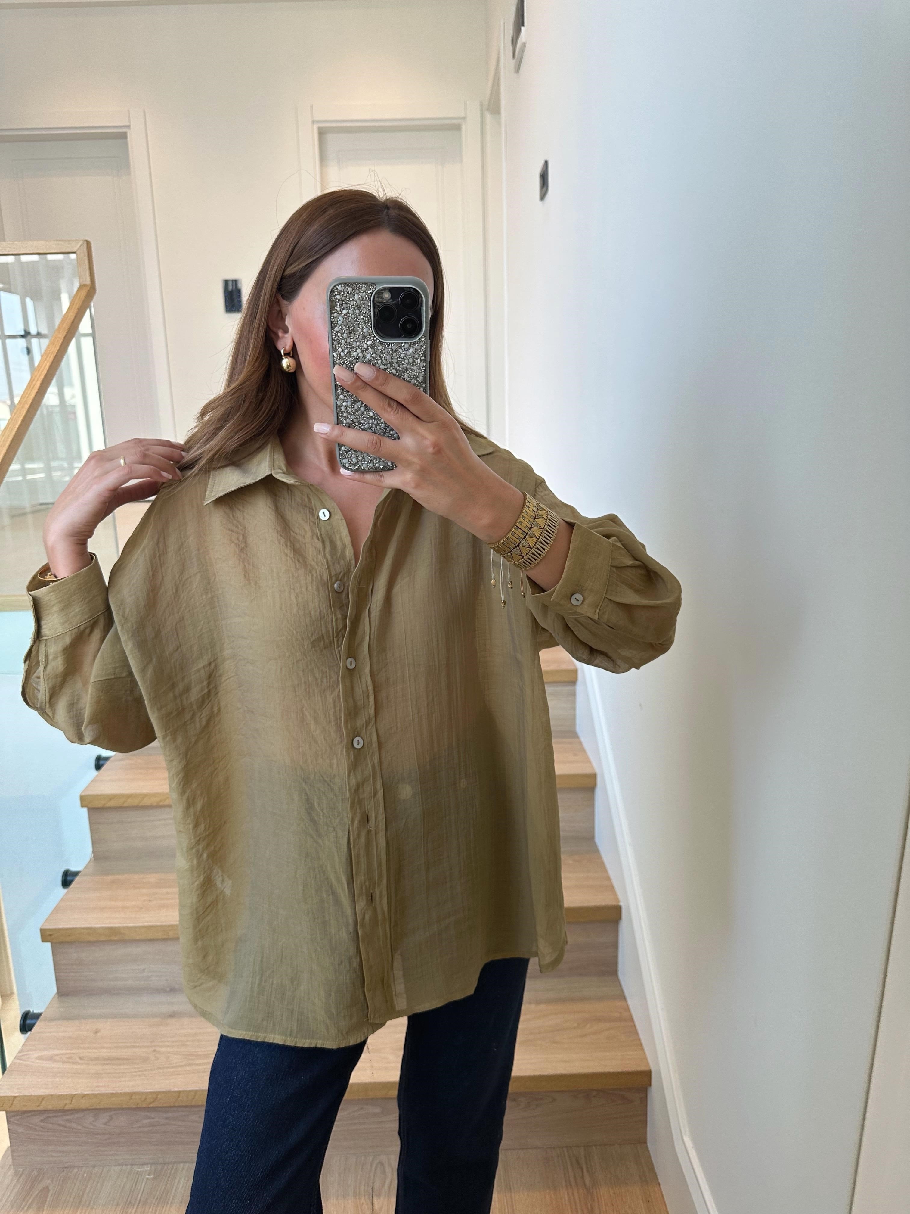 4924 Olive Oversize İpeksi Gömlek