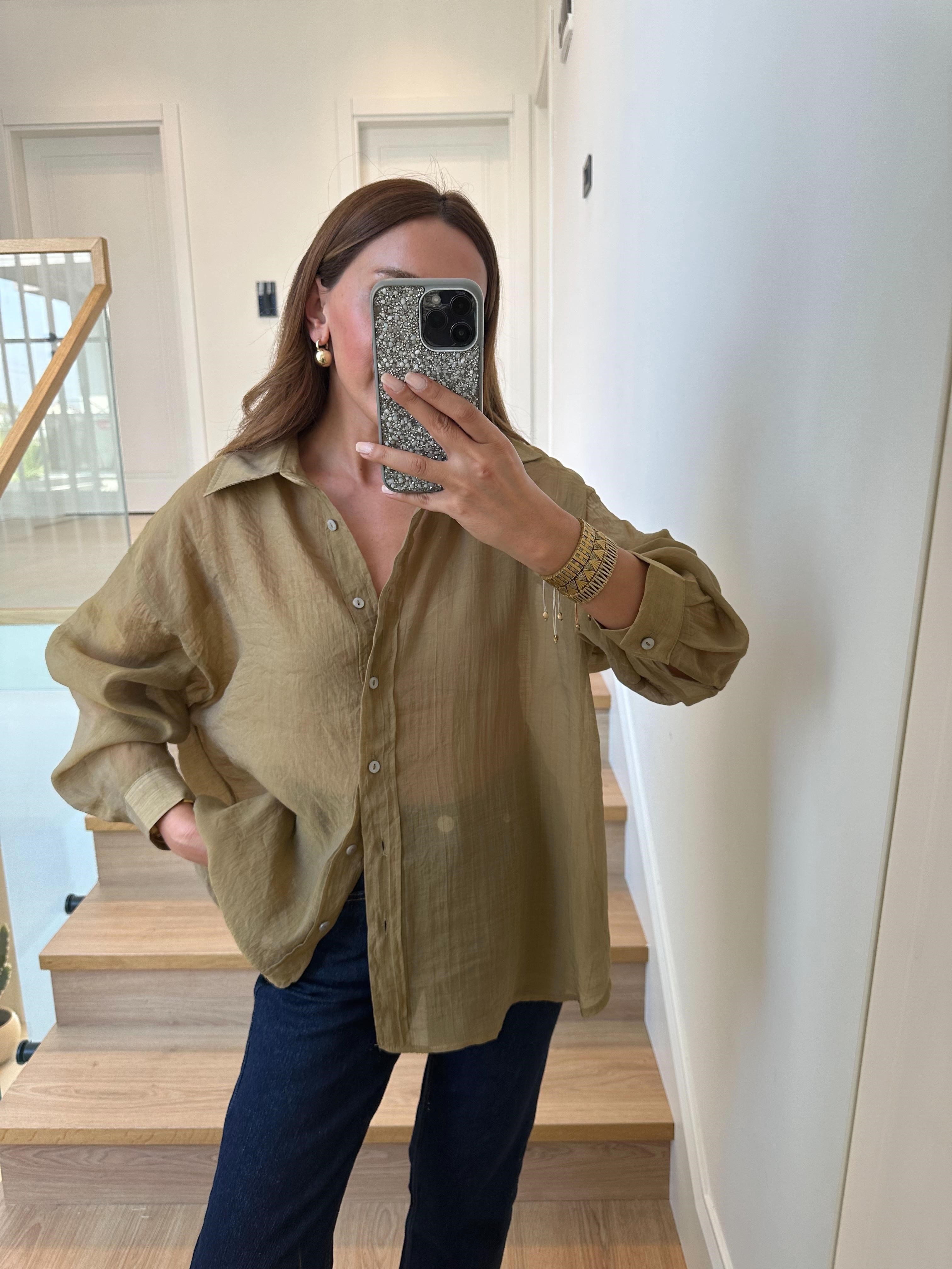 4924 Olive Oversize İpeksi Gömlek