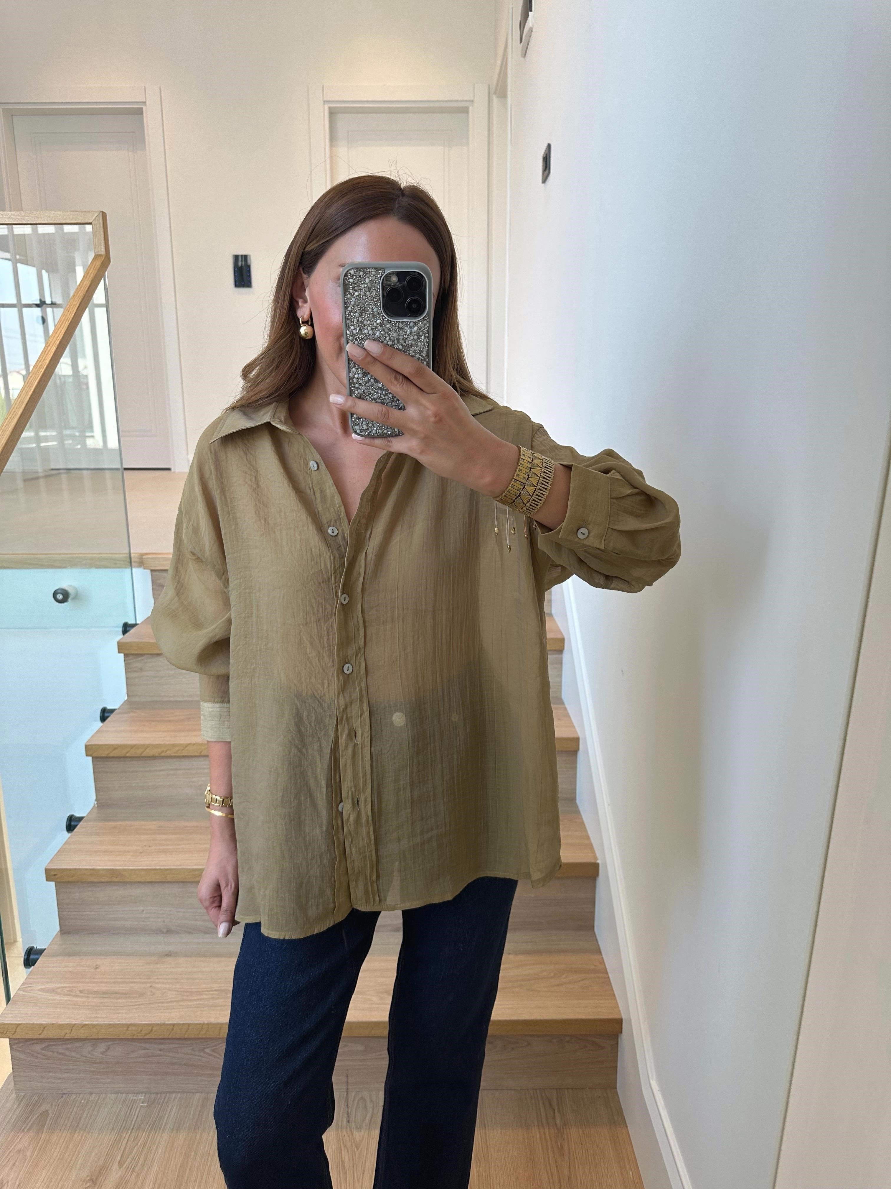4924 Olive Oversize İpeksi Gömlek