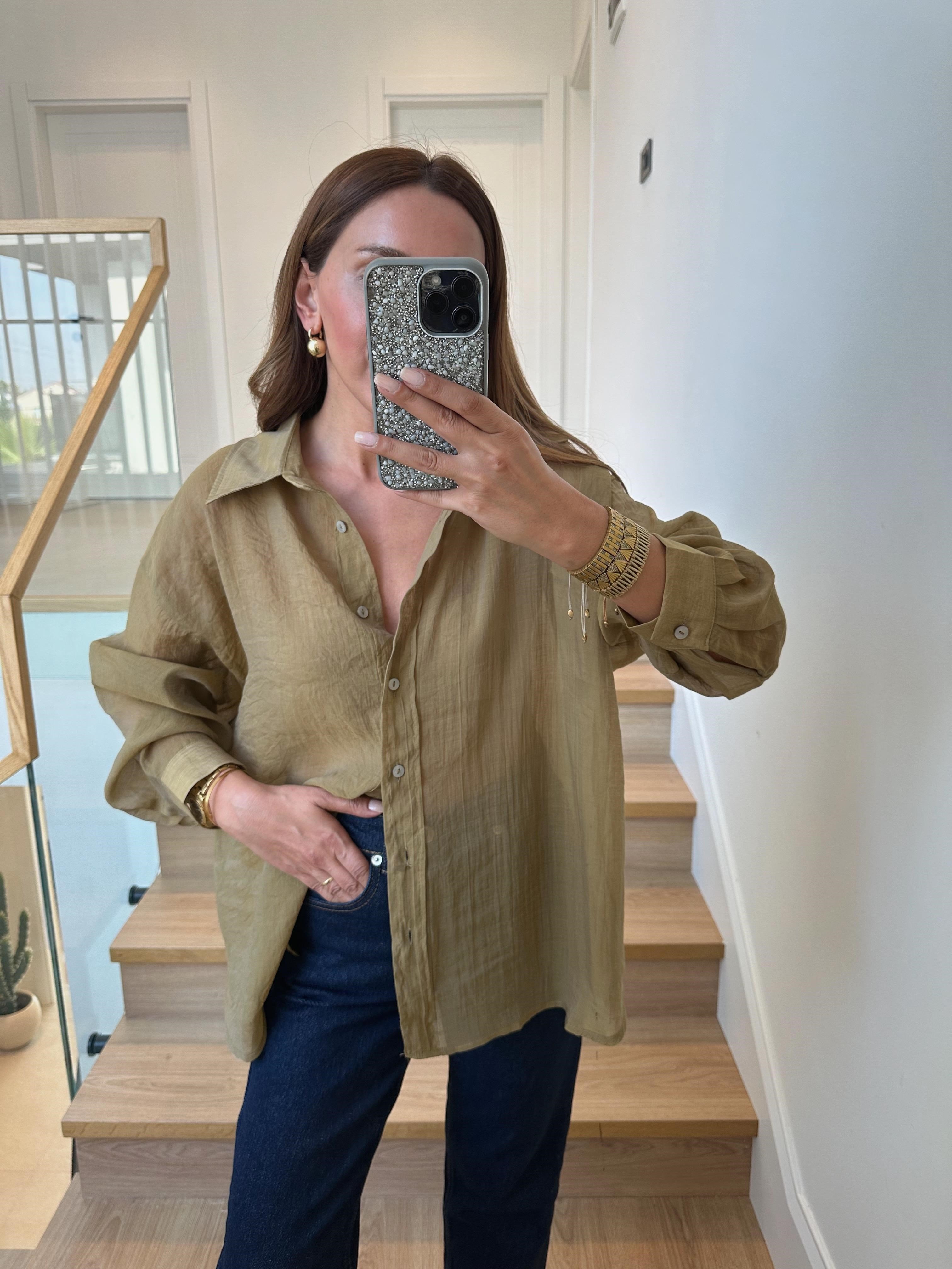 4924 Olive Oversize İpeksi Gömlek