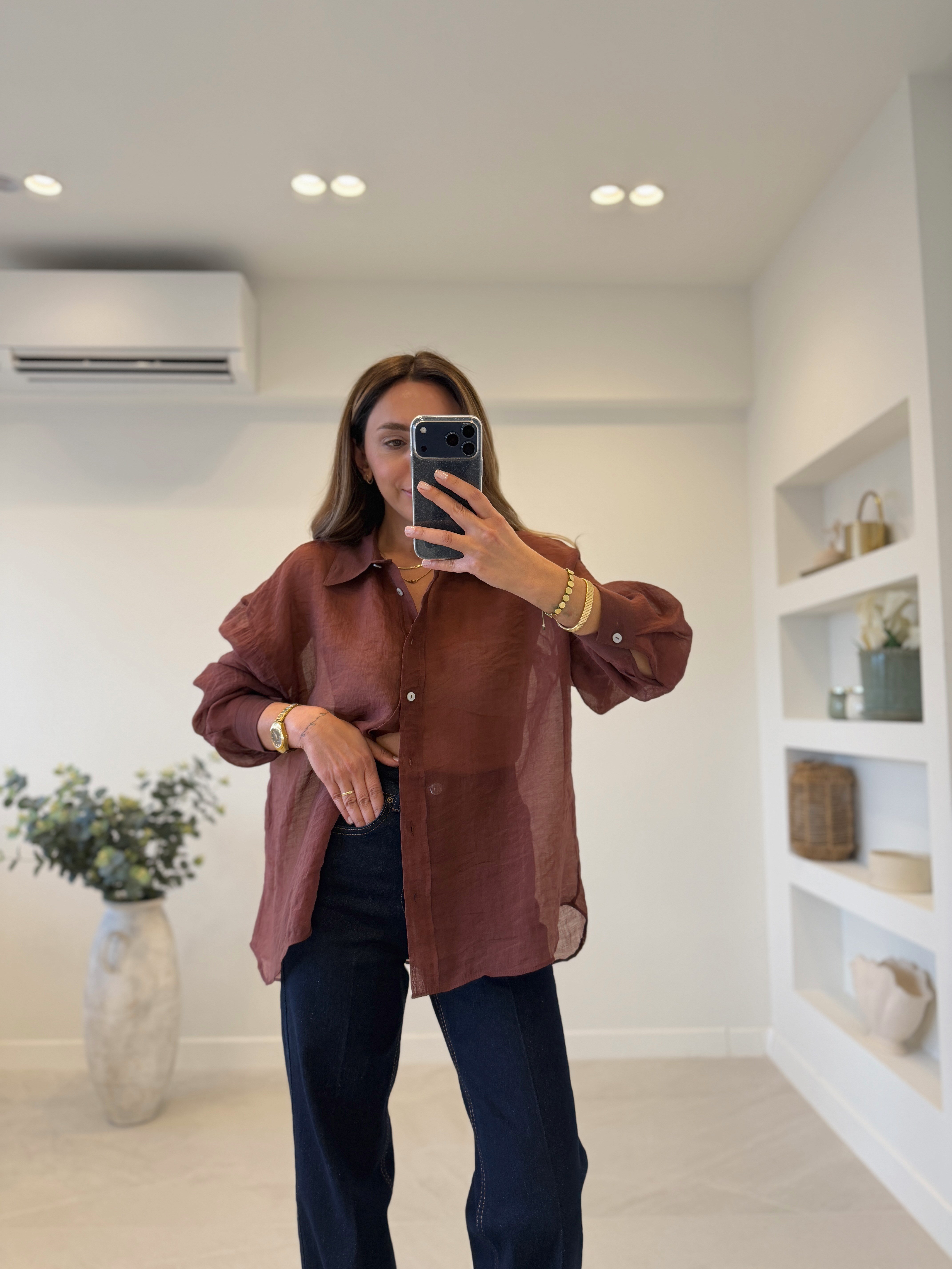 4924 Tarçın Oversize İpeksi Gömlek