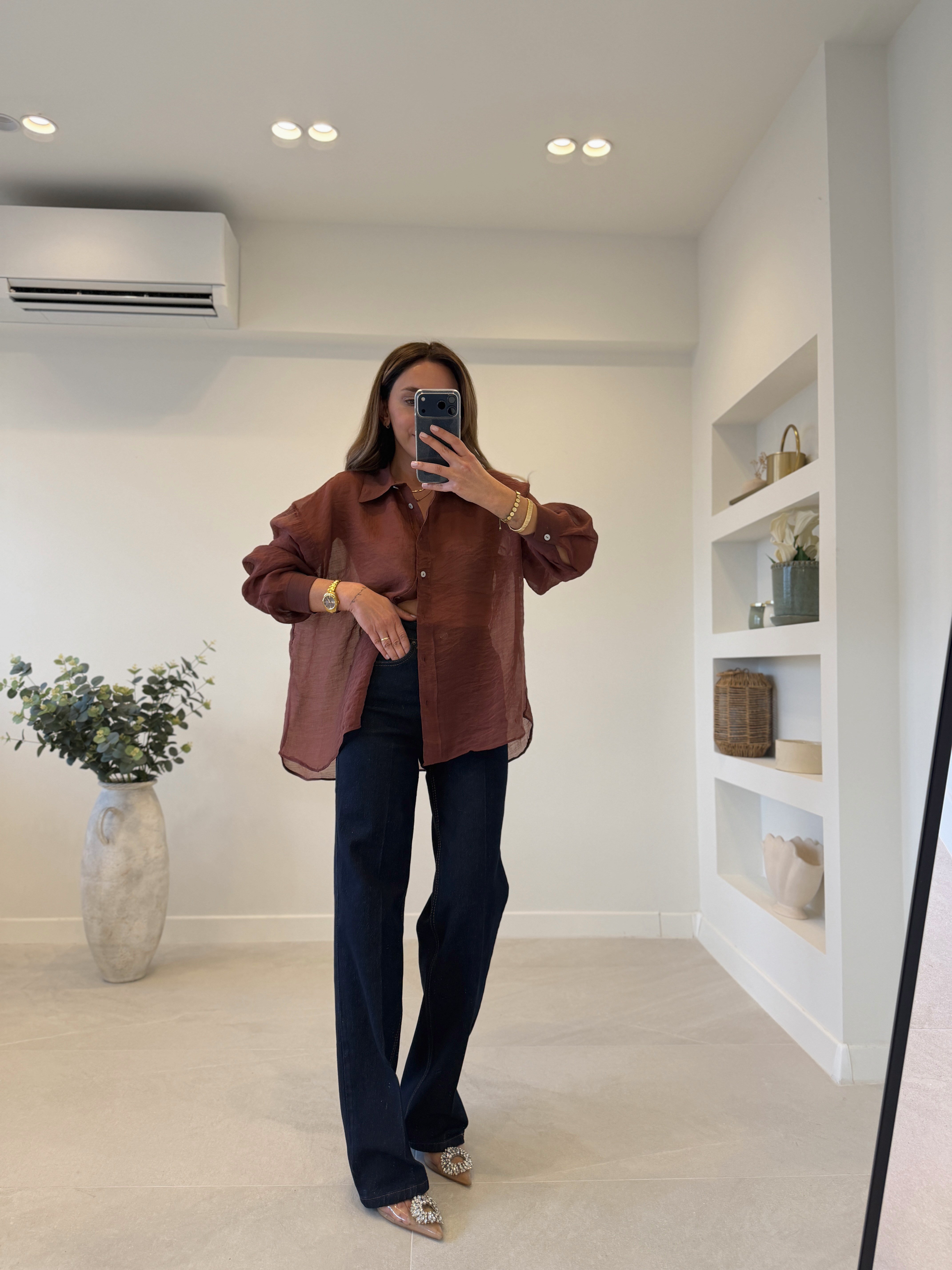 4924 Tarçın Oversize İpeksi Gömlek