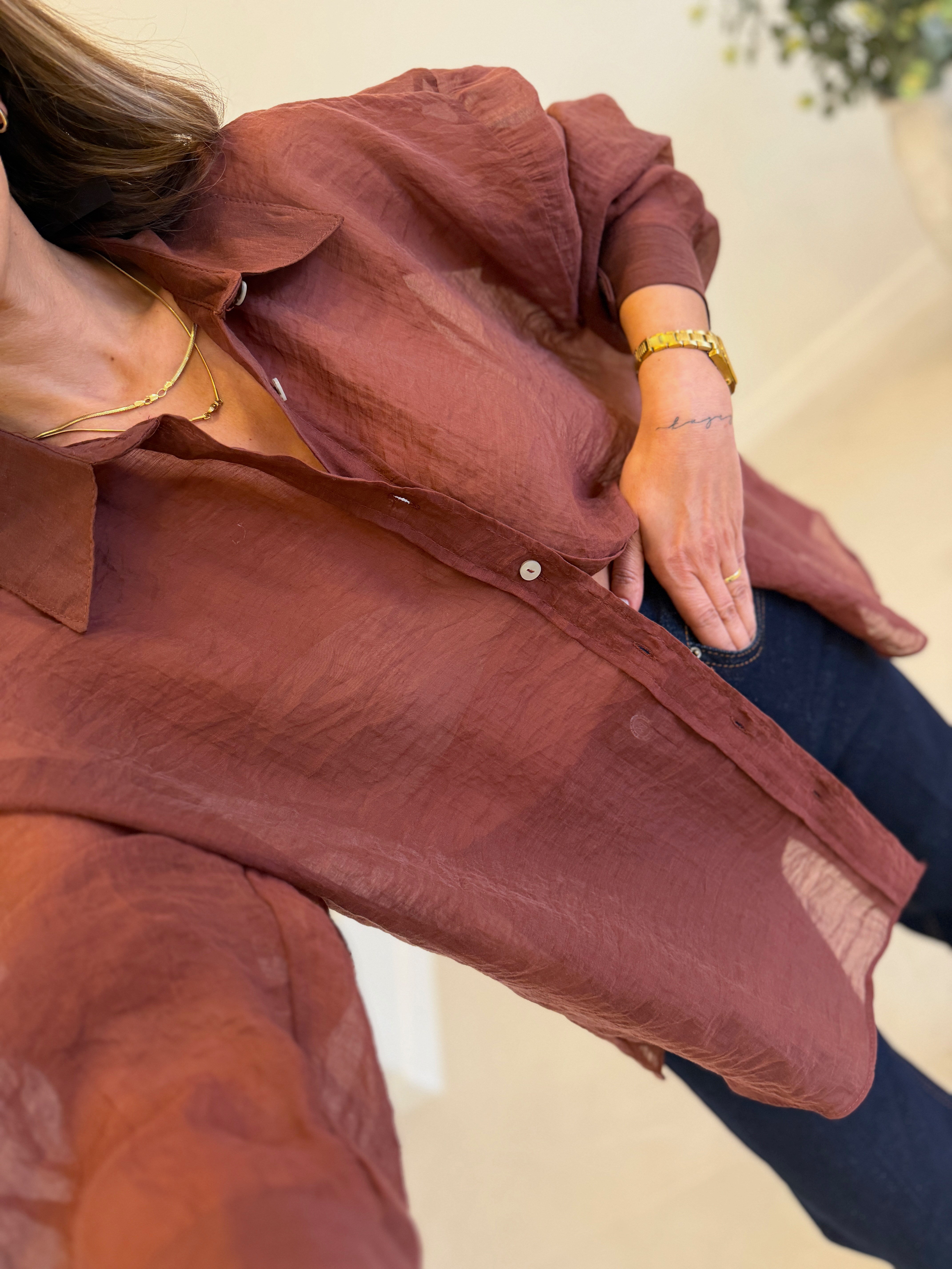 4924 Tarçın Oversize İpeksi Gömlek