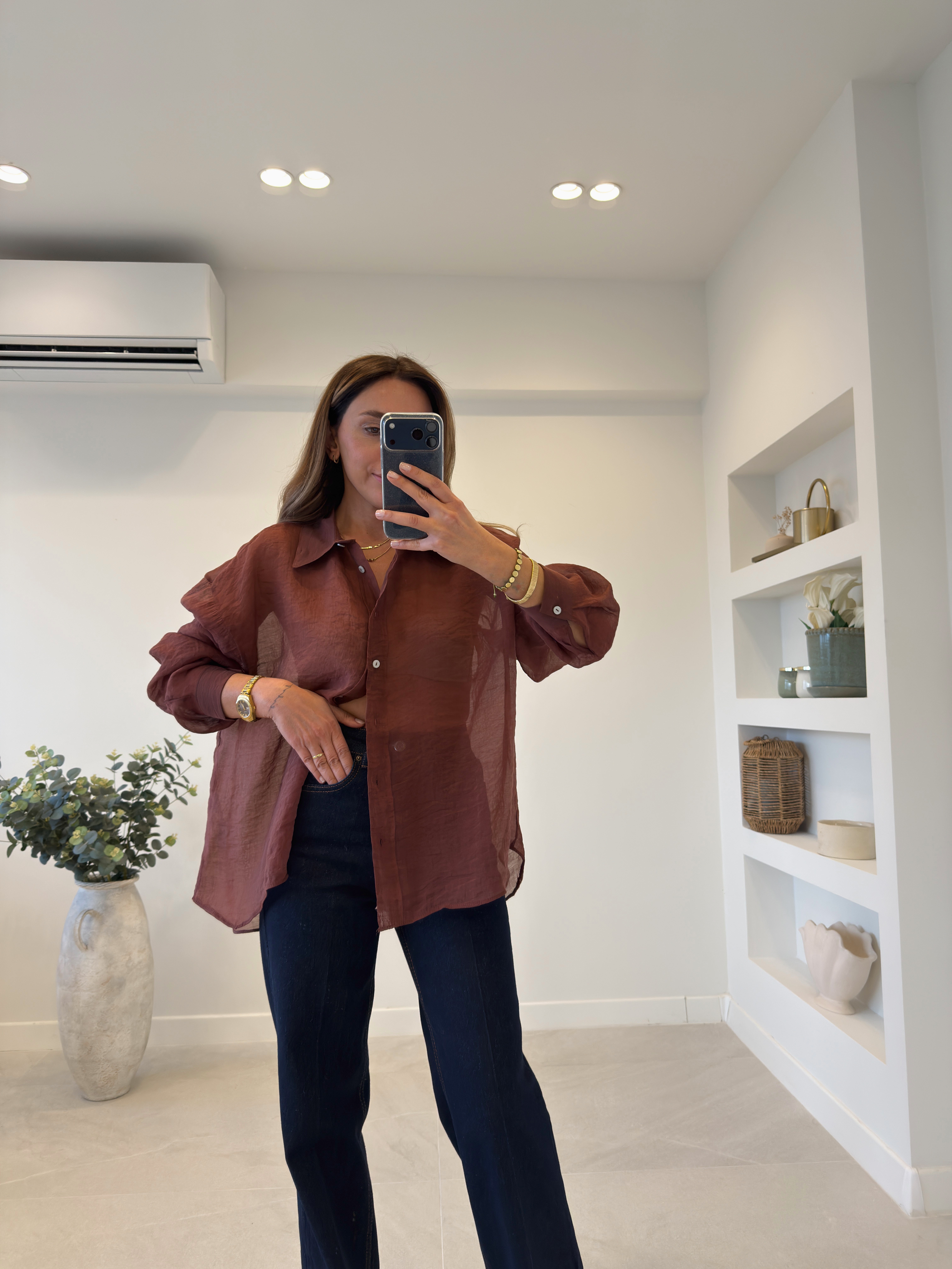 4924 Tarçın Oversize İpeksi Gömlek
