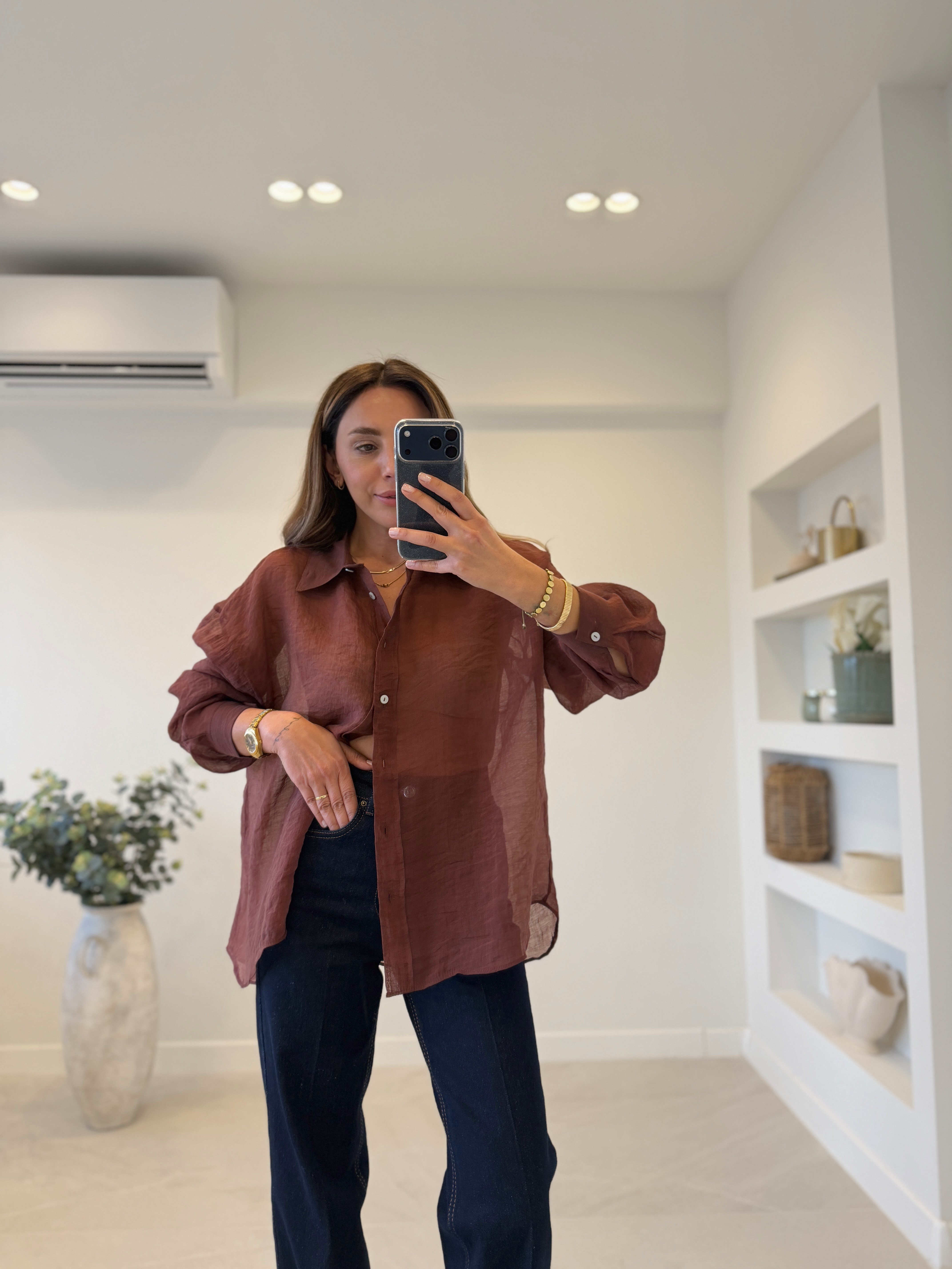 4924 Tarçın Oversize İpeksi Gömlek