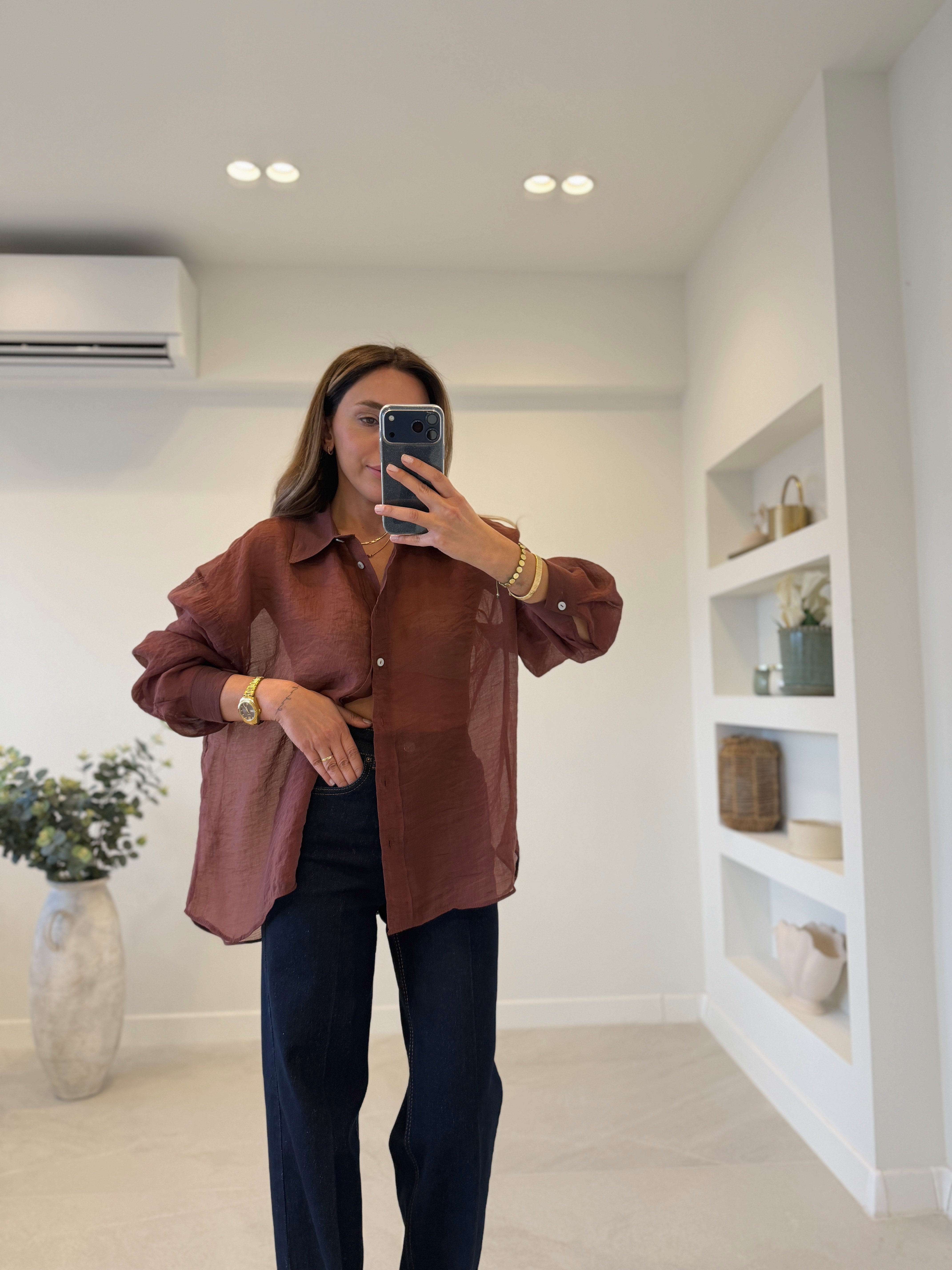 4924 Tarçın Oversize İpeksi Gömlek