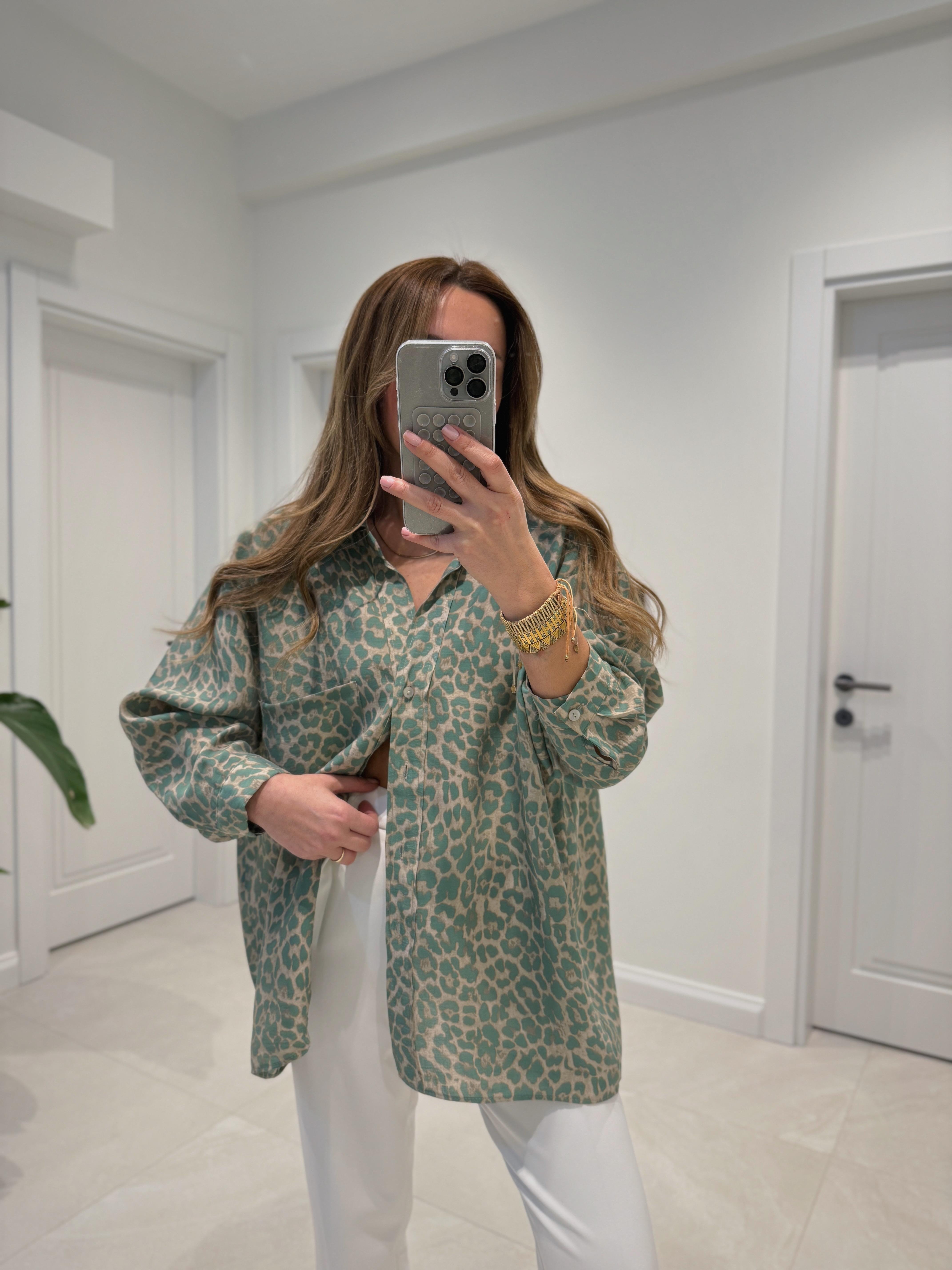 4954 Oversize Leopar Desen Yeşil Gömlek