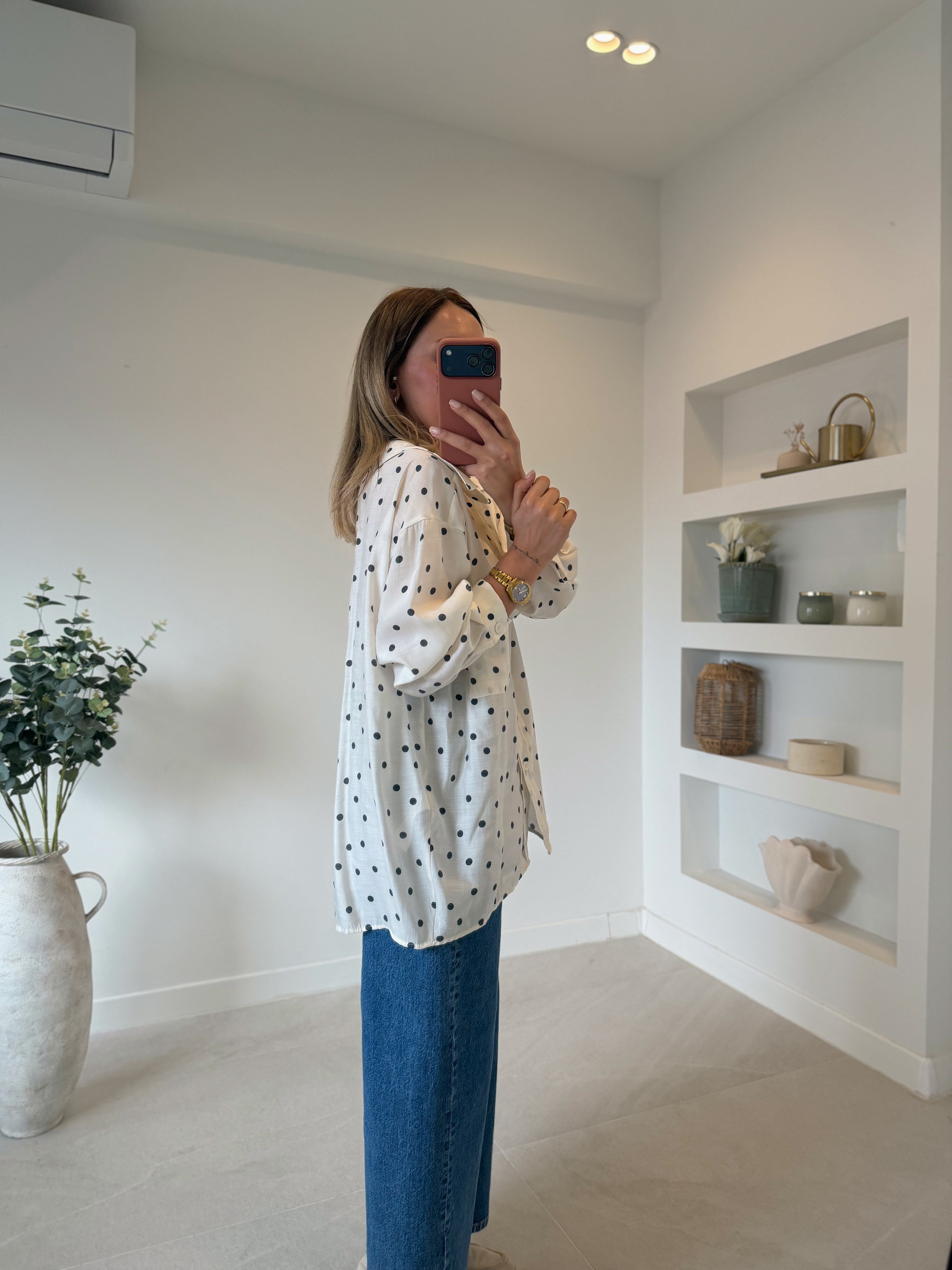 5092 Puantiyeli Krem Oversize Gömlek