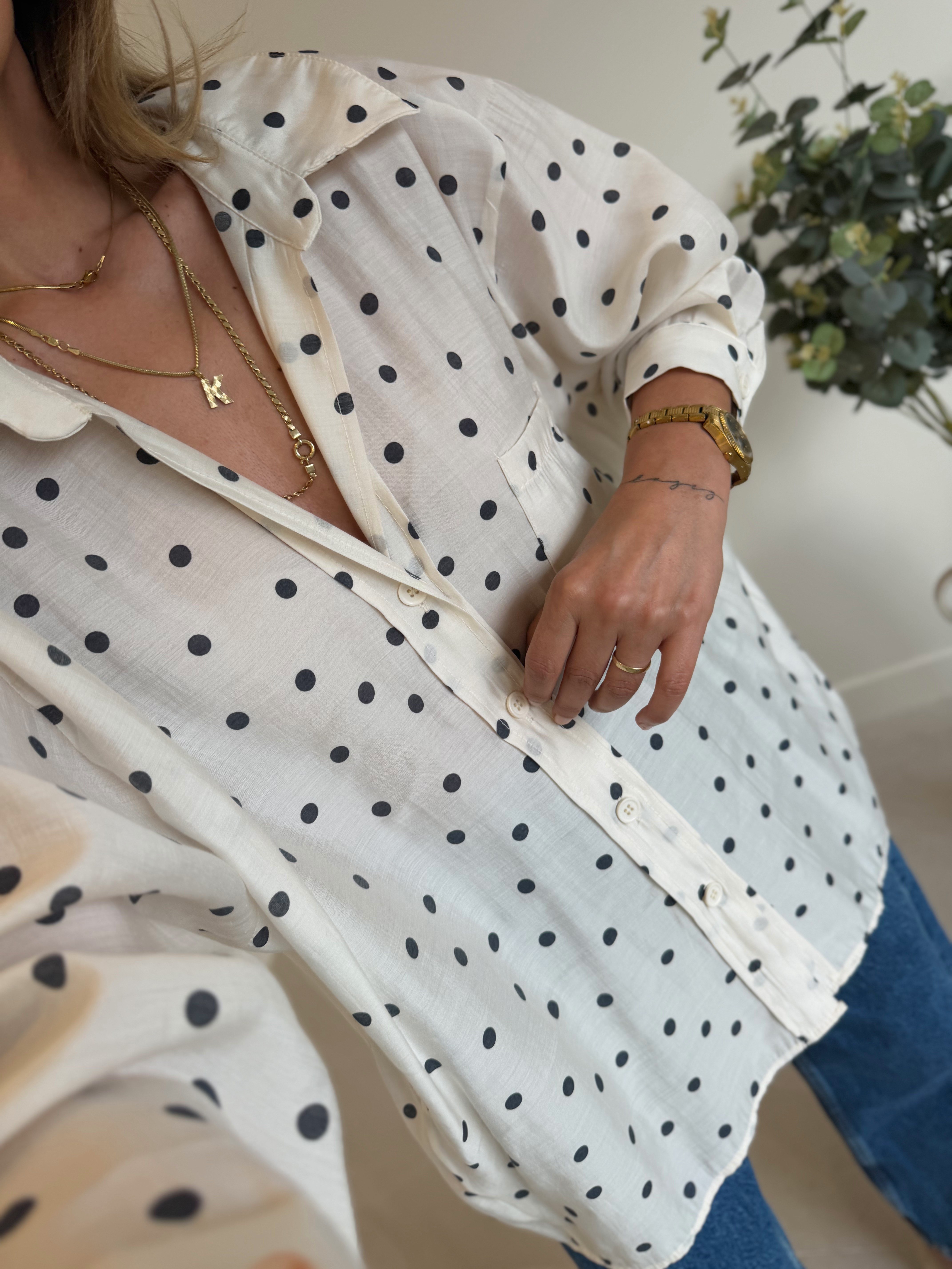 5092 Puantiyeli Krem Oversize Gömlek