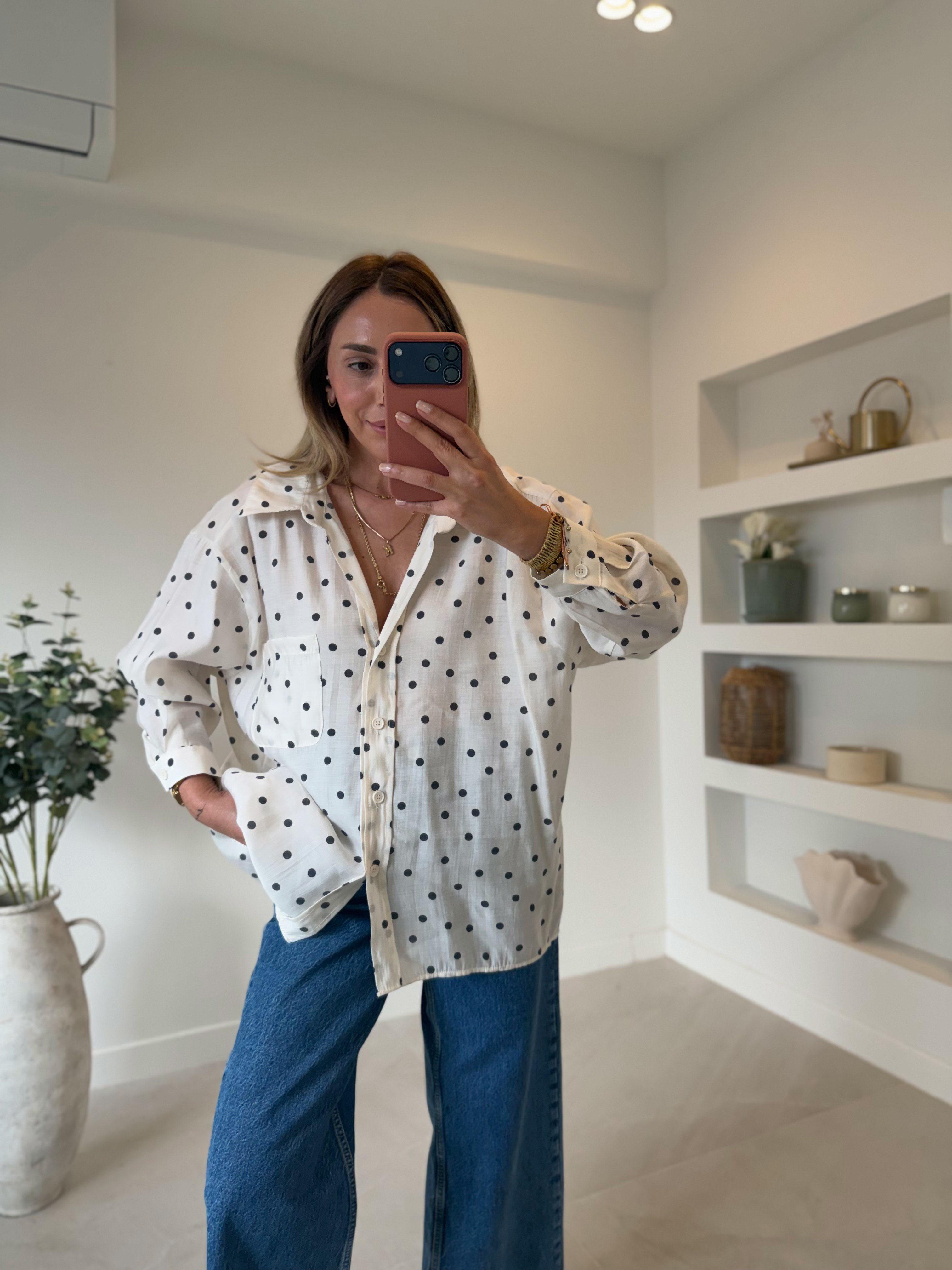 5092 Puantiyeli Krem Oversize Gömlek