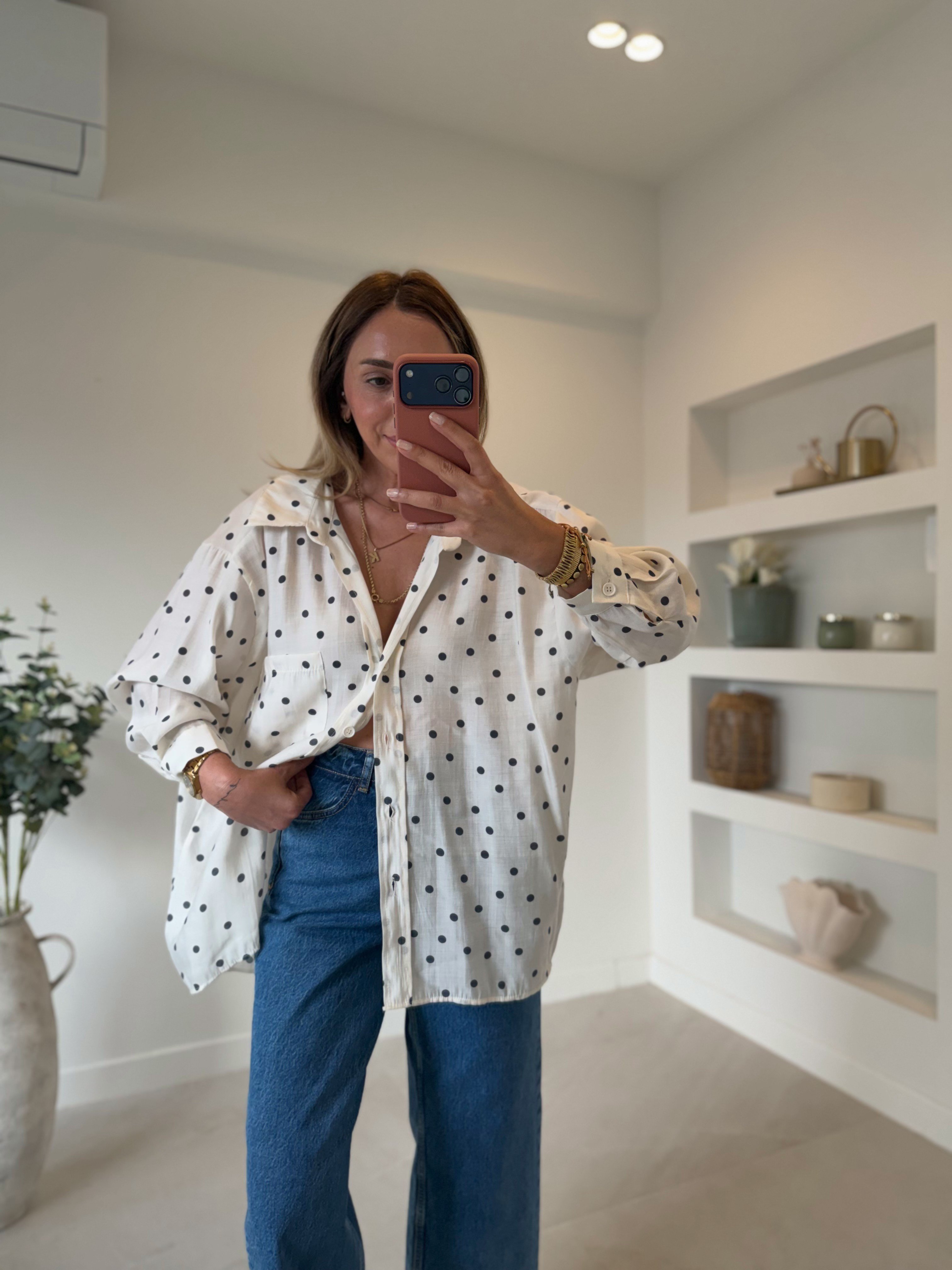 5092 Puantiyeli Krem Oversize Gömlek