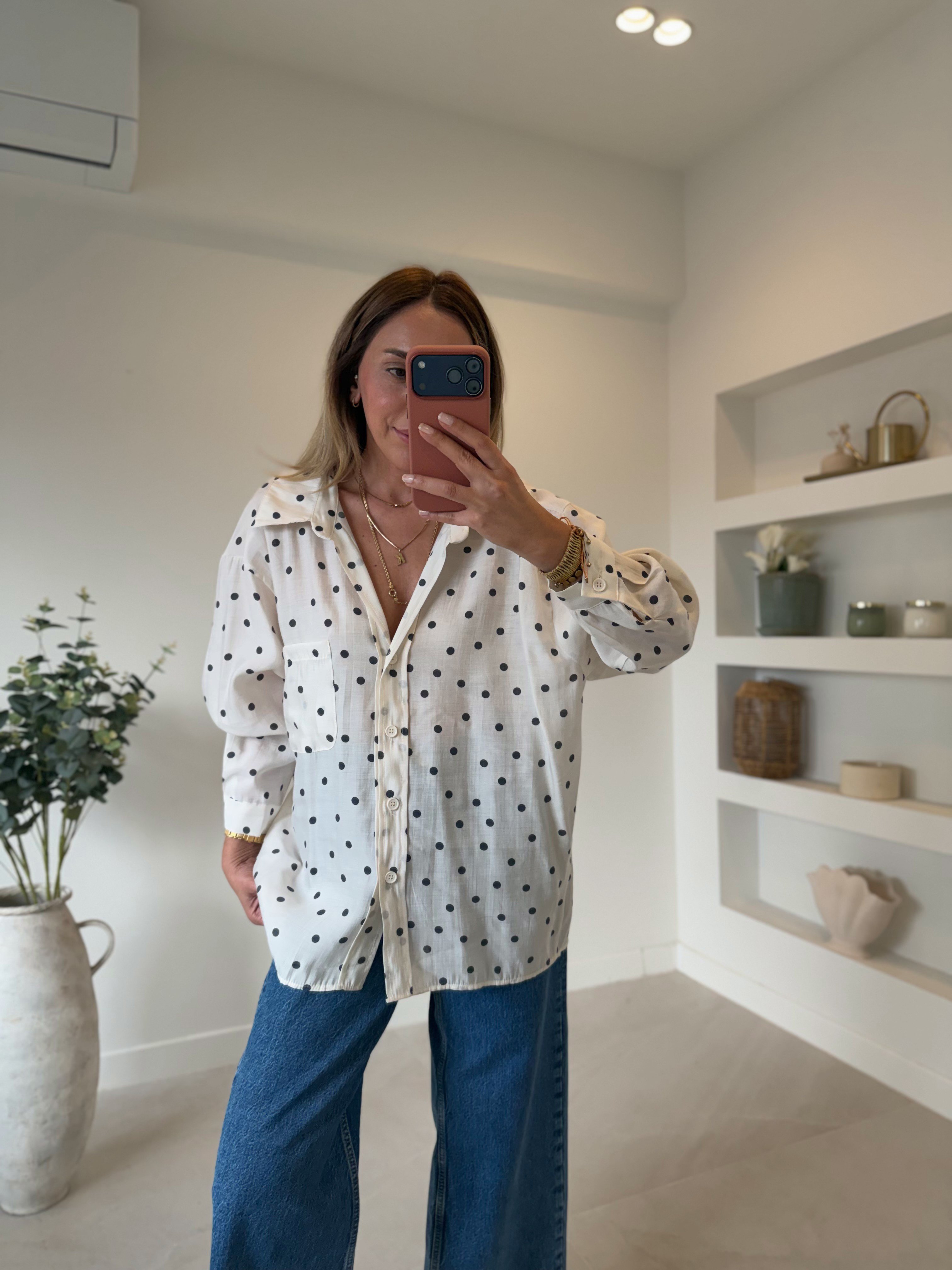 5092 Puantiyeli Krem Oversize Gömlek