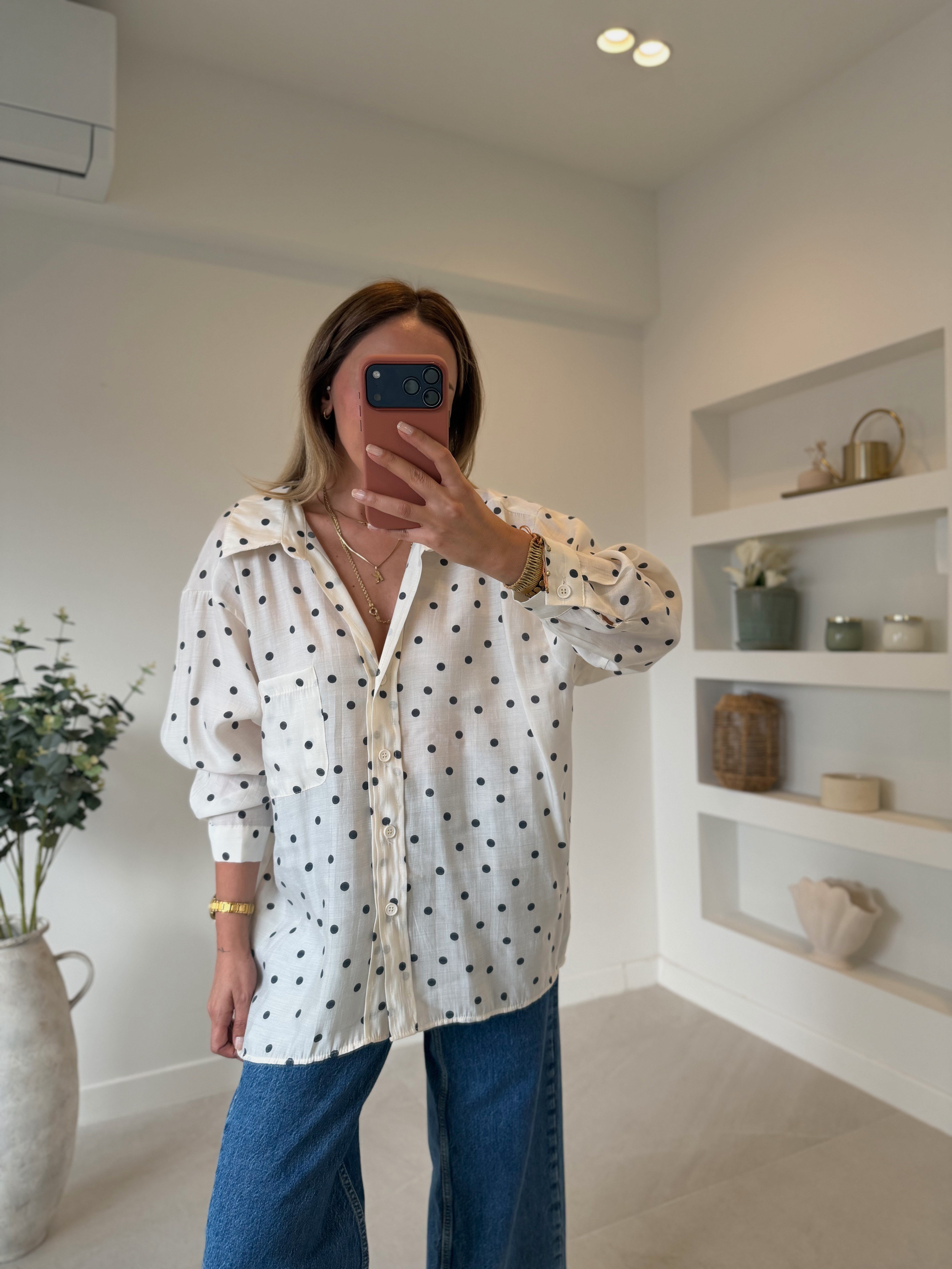 5092 Puantiyeli Krem Oversize Gömlek
