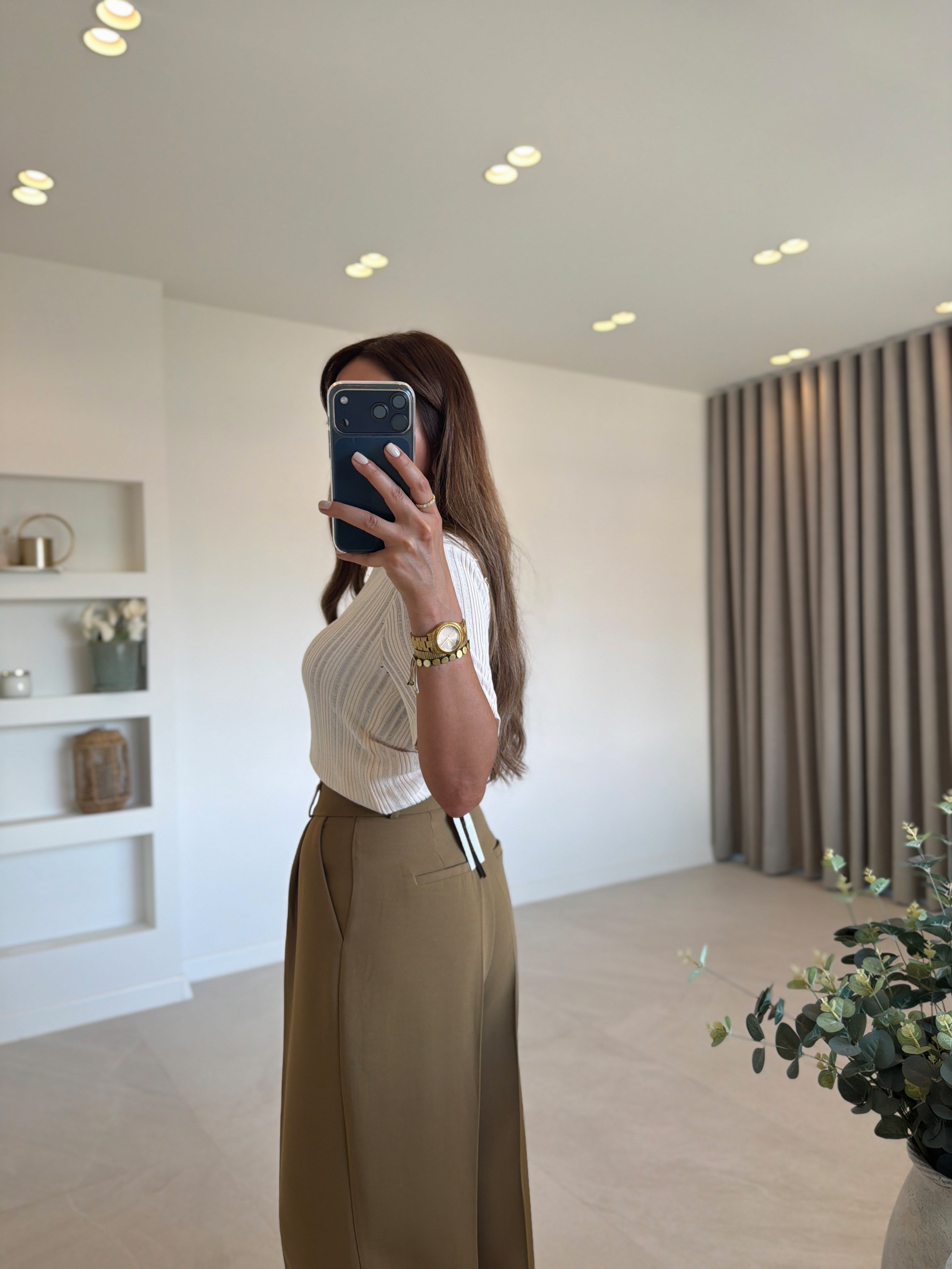 51024 Açık Haki Düz Kesim Palazzo Pantolon 