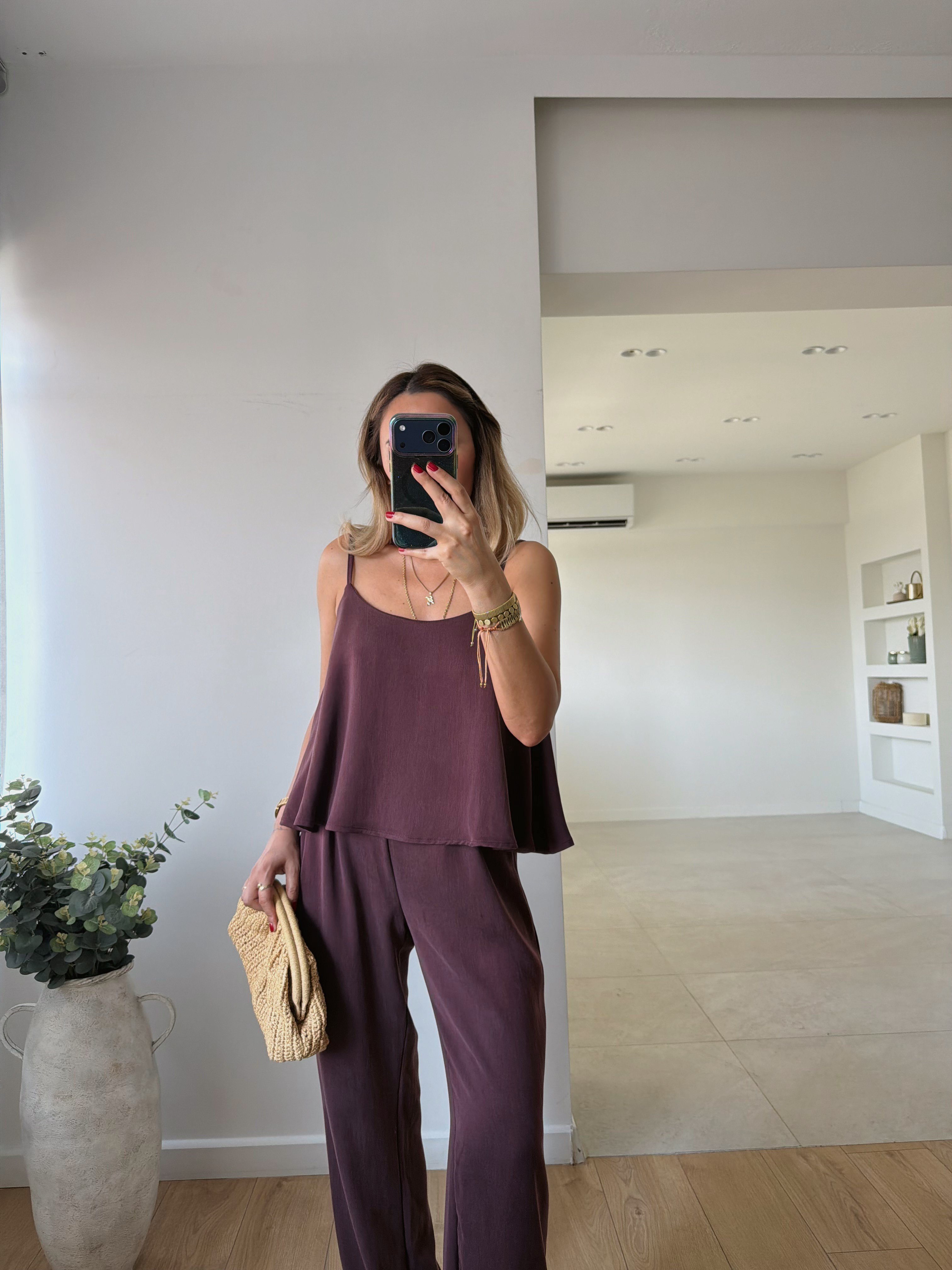 51043 Bordo Askılı Bluz Pantolon Takım