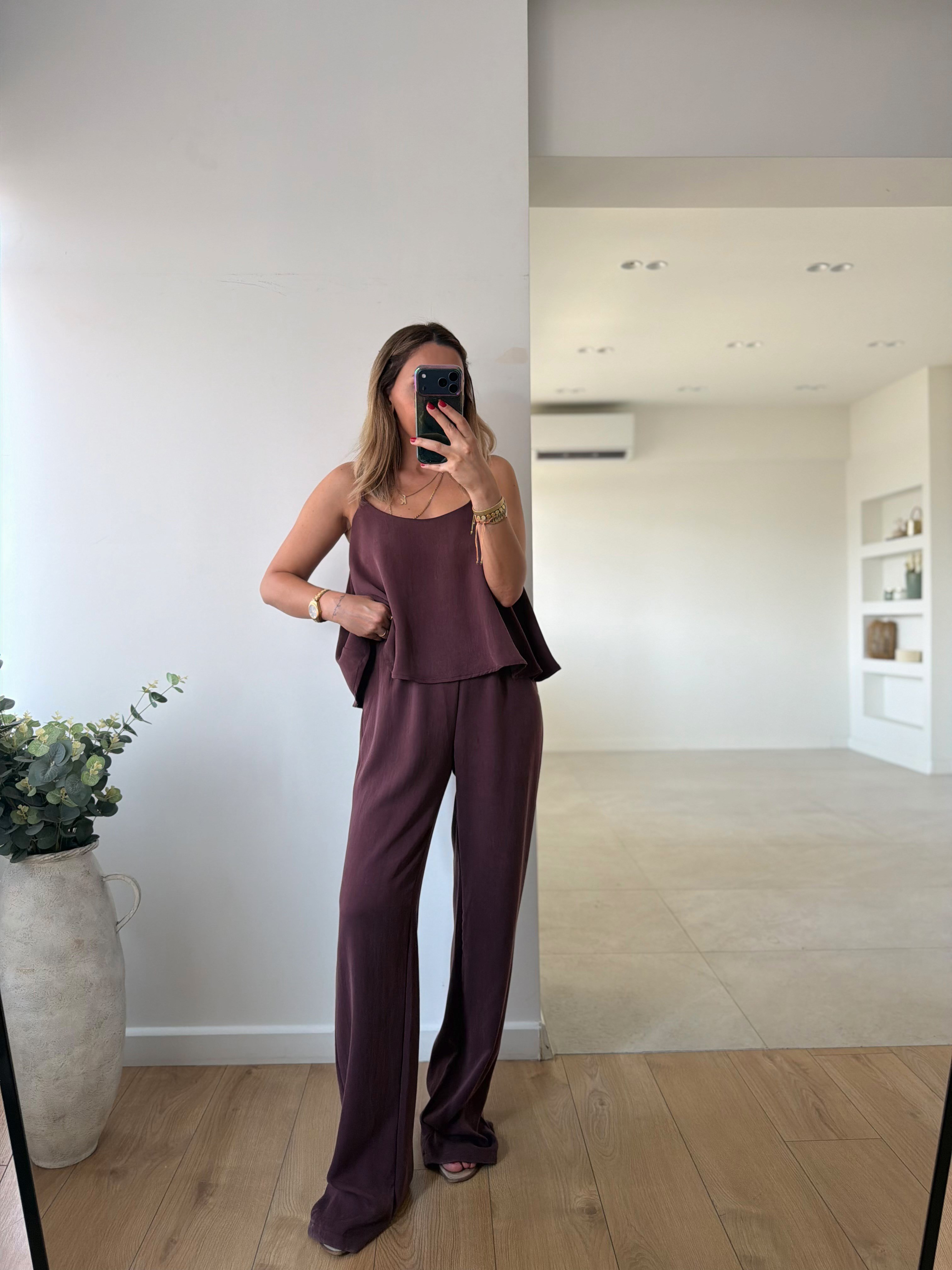 51043 Bordo Askılı Bluz Pantolon Takım