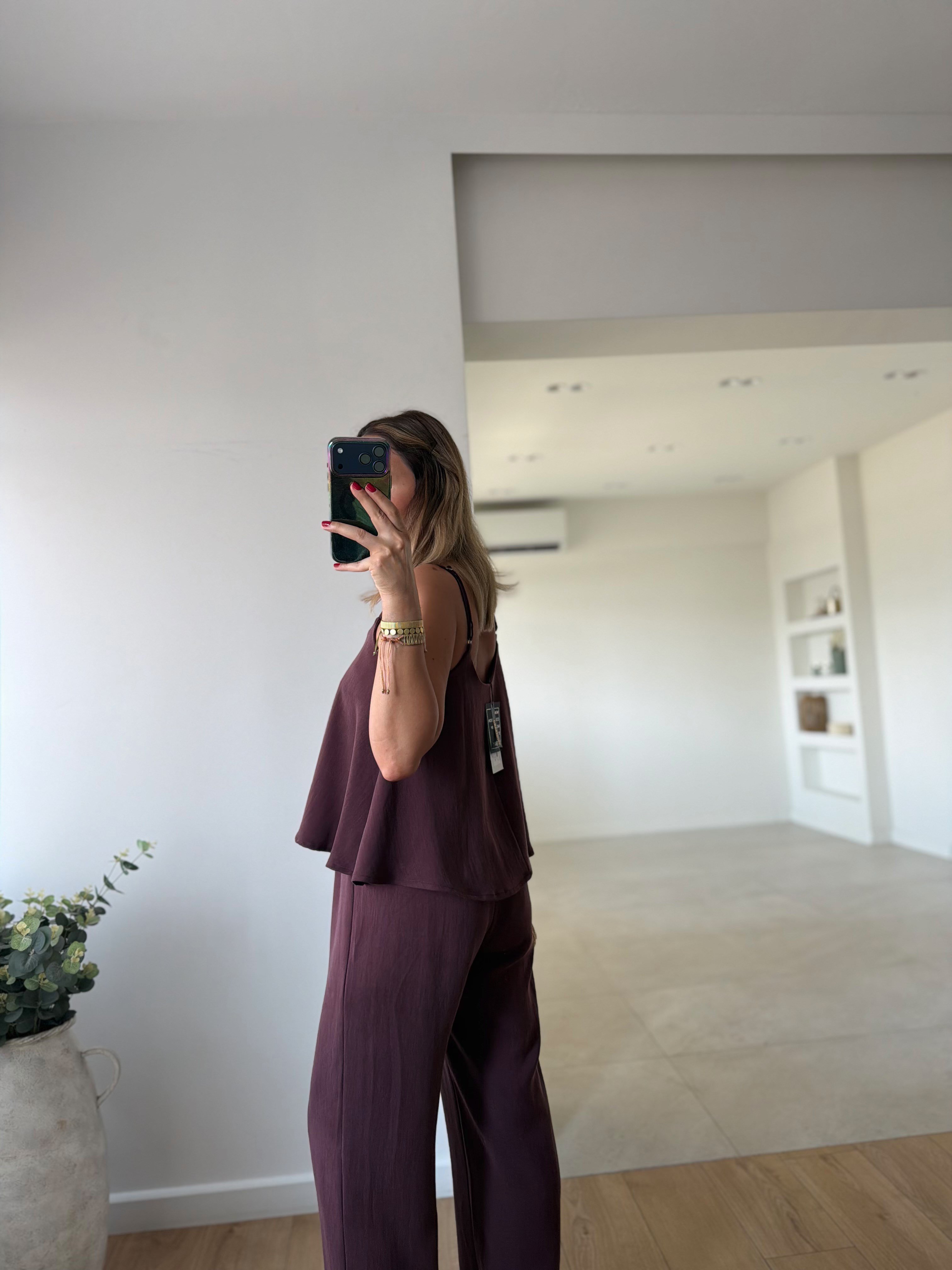 51043 Bordo Askılı Bluz Pantolon Takım