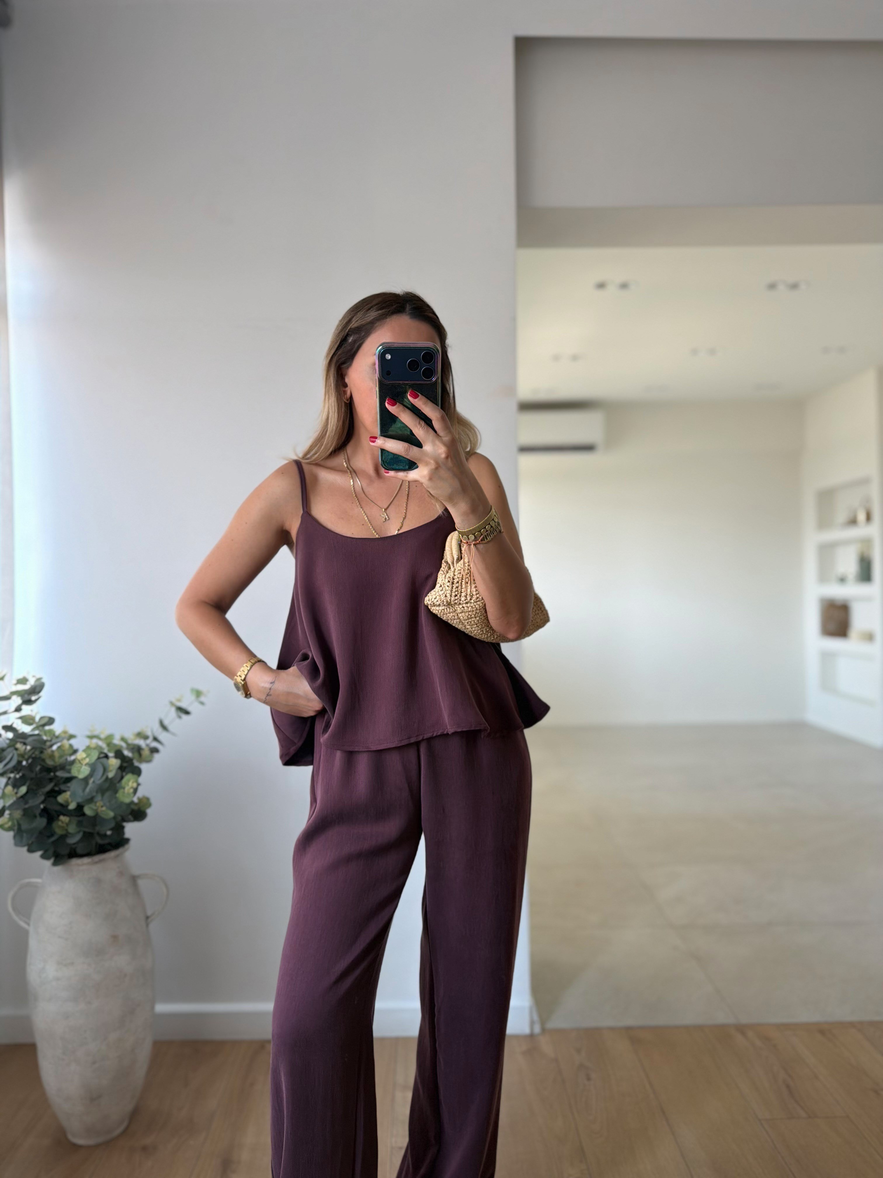 51043 Bordo Askılı Bluz Pantolon Takım