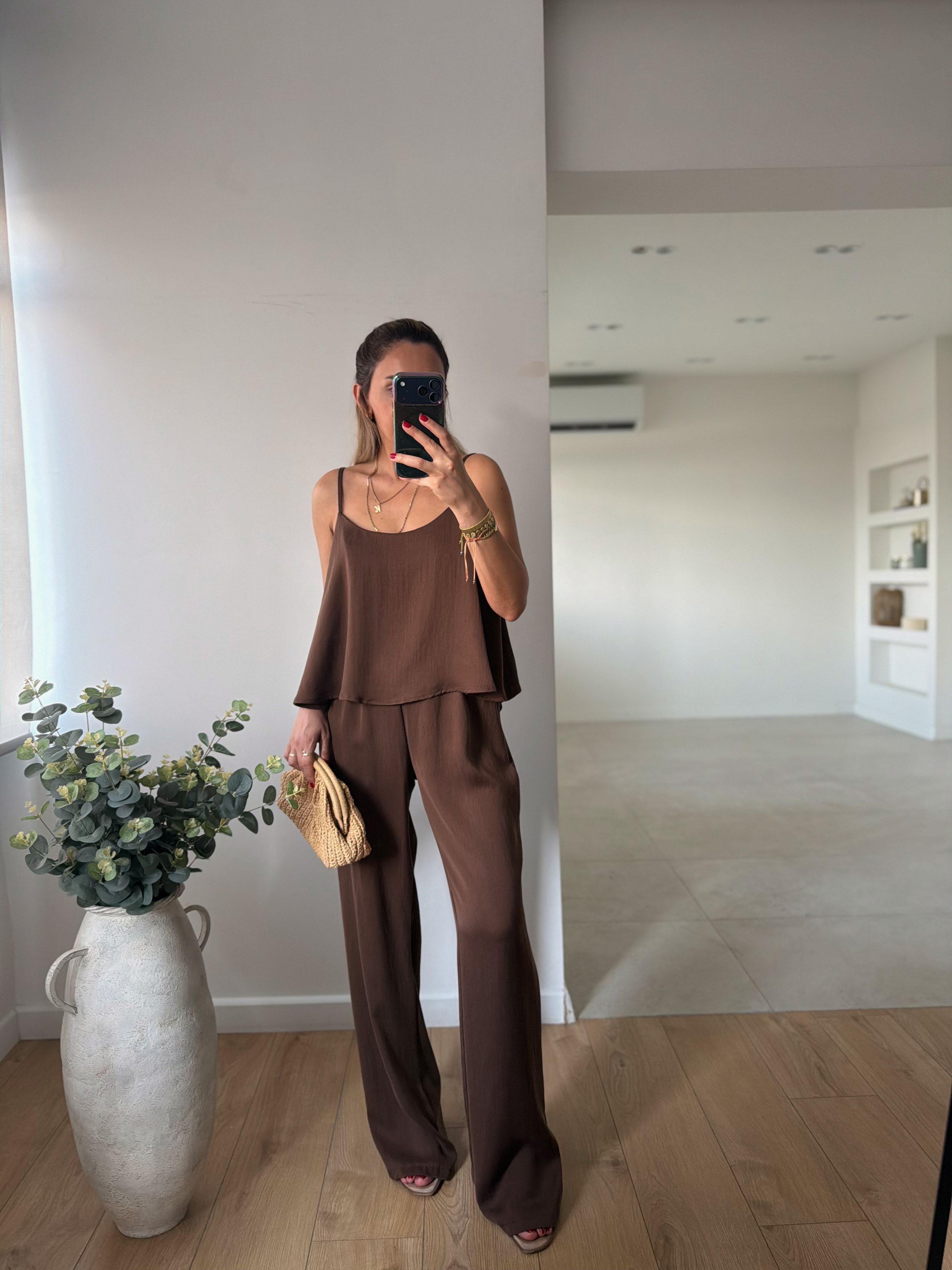 51043 Kahve Askılı Bluz Pantolon Takım