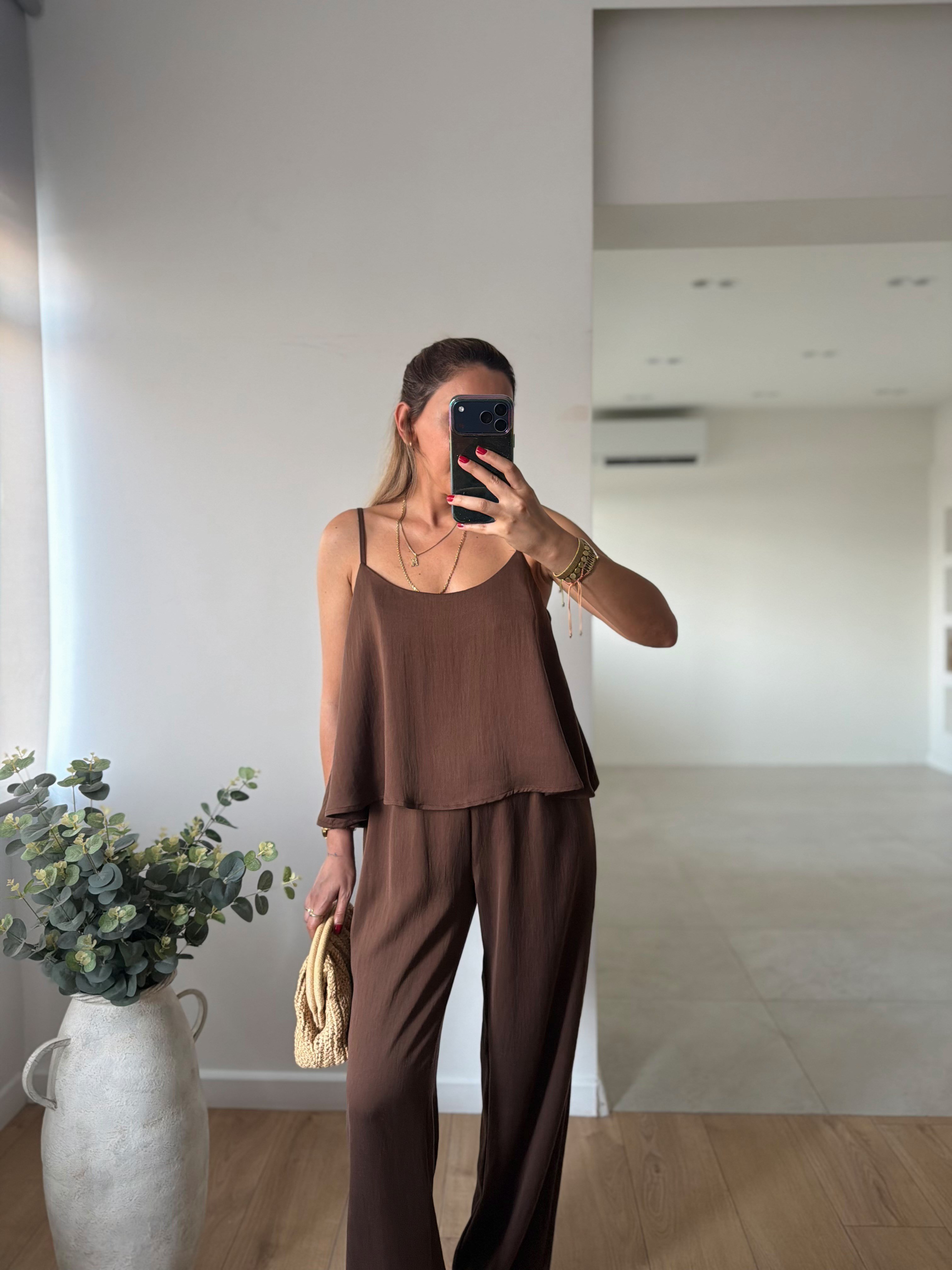 51043 Kahve Askılı Bluz Pantolon Takım