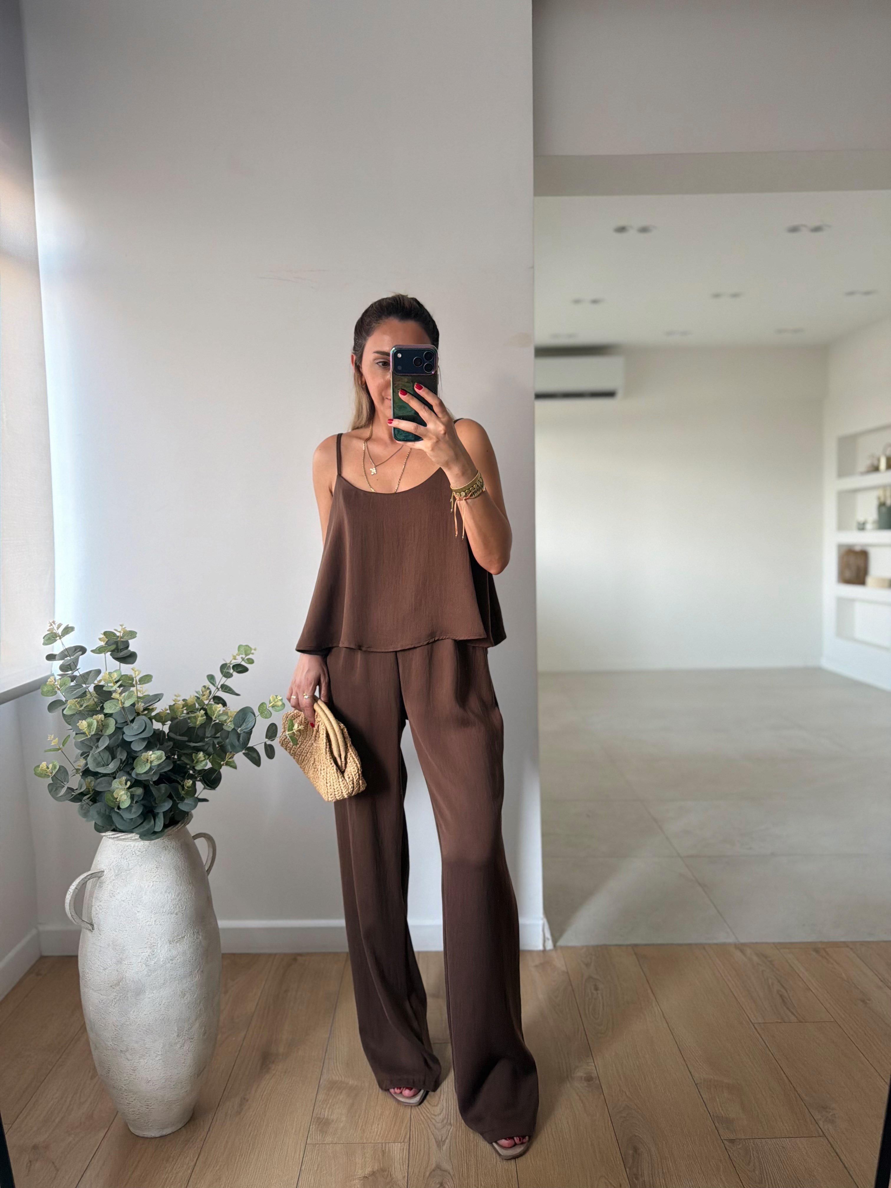 51043 Kahve Askılı Bluz Pantolon Takım