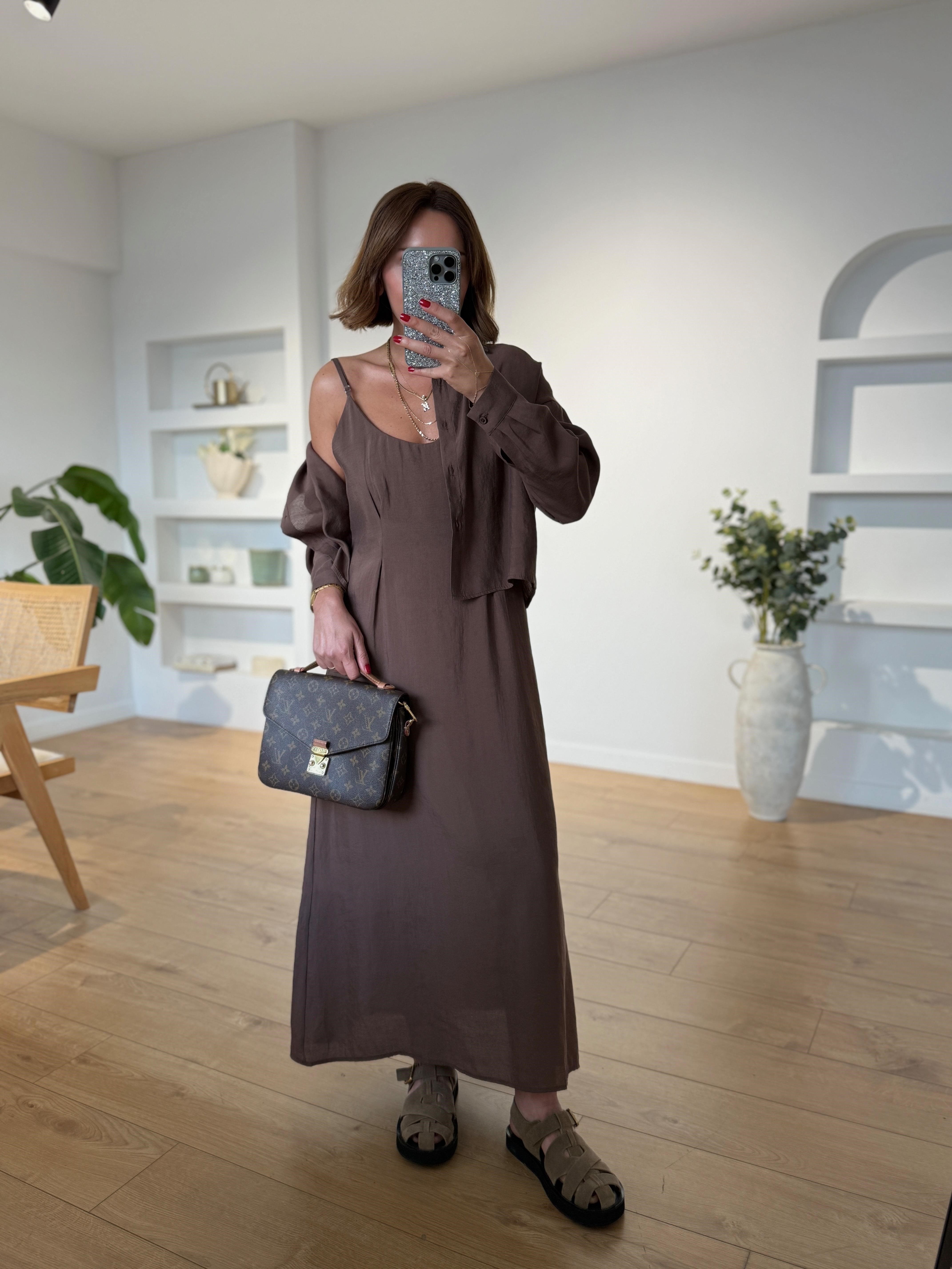 51153 Kahve Gömlek Elbise Takım