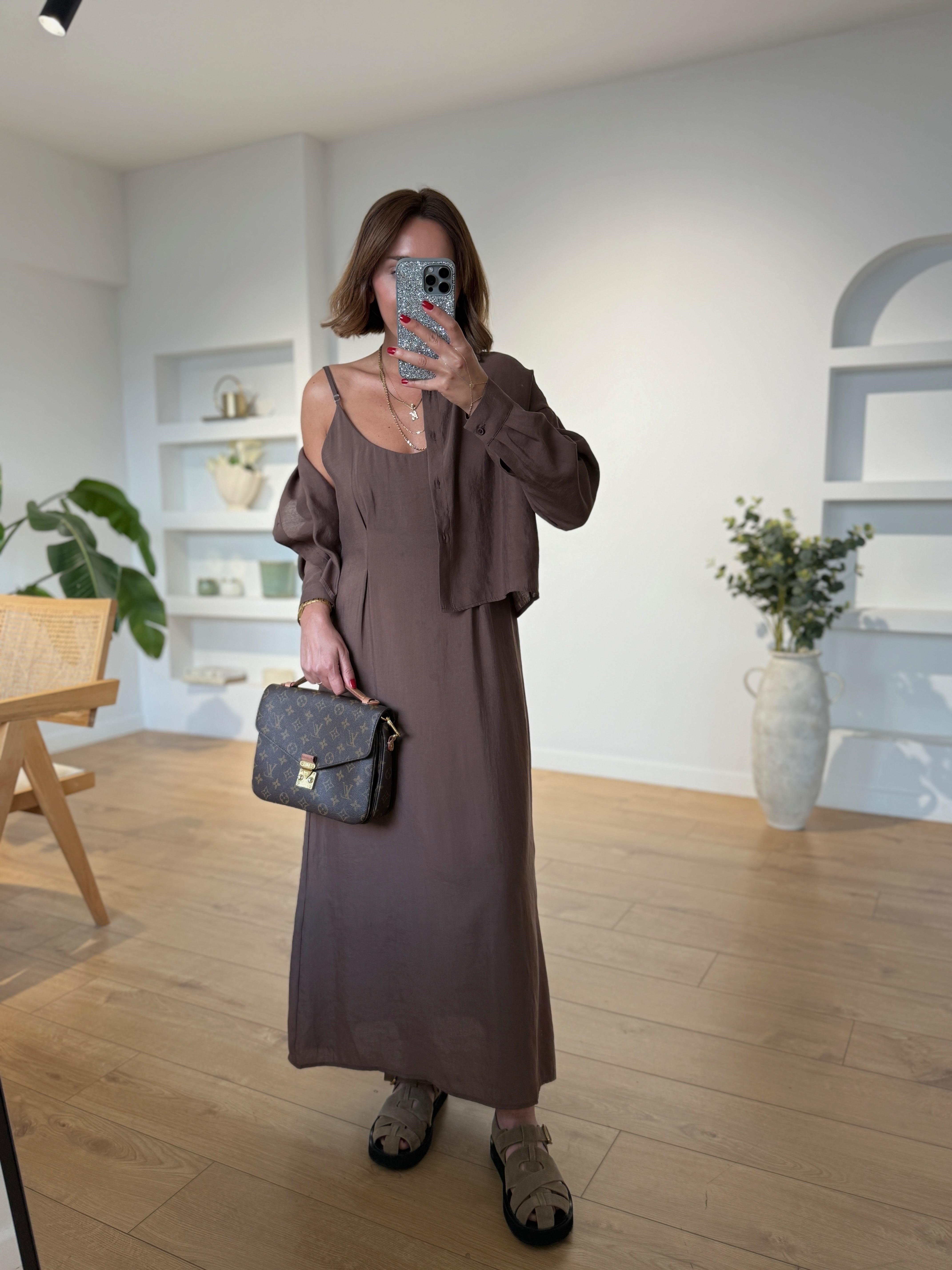 51153 Kahve Gömlek Elbise Takım