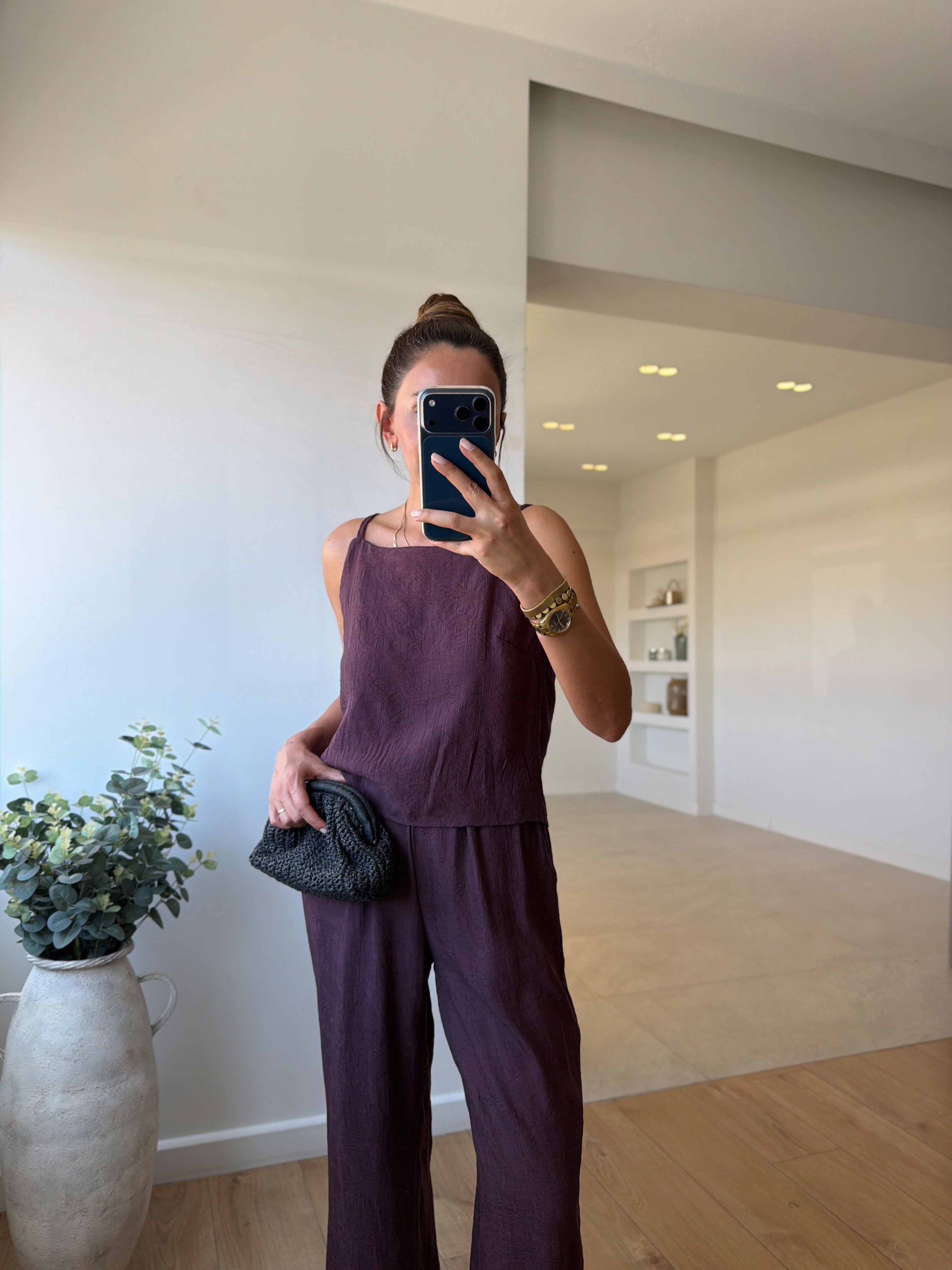 7341 Bordo Jakarlı Bluz Pantolon Takım