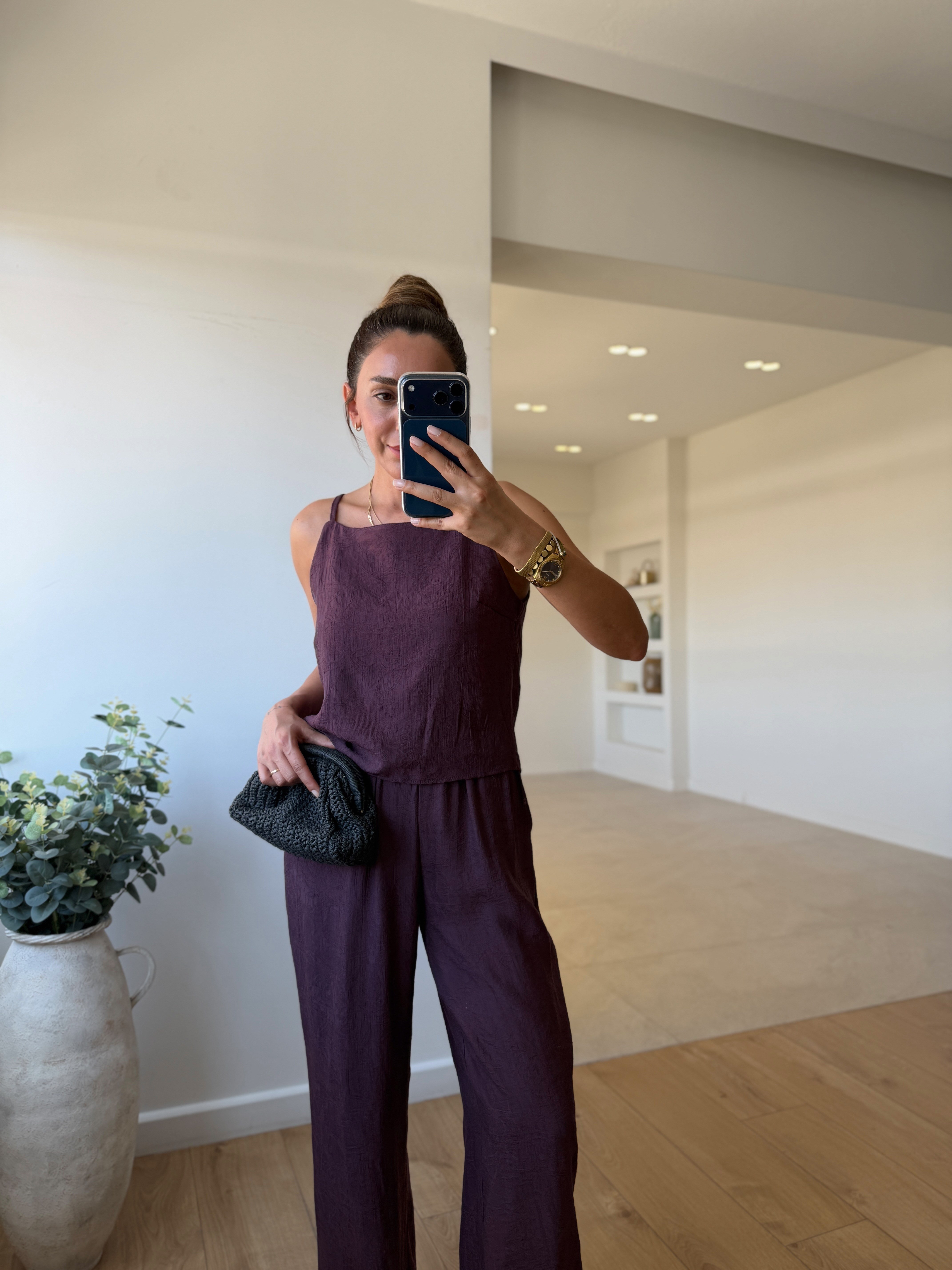 7341 Bordo Jakarlı Bluz Pantolon Takım