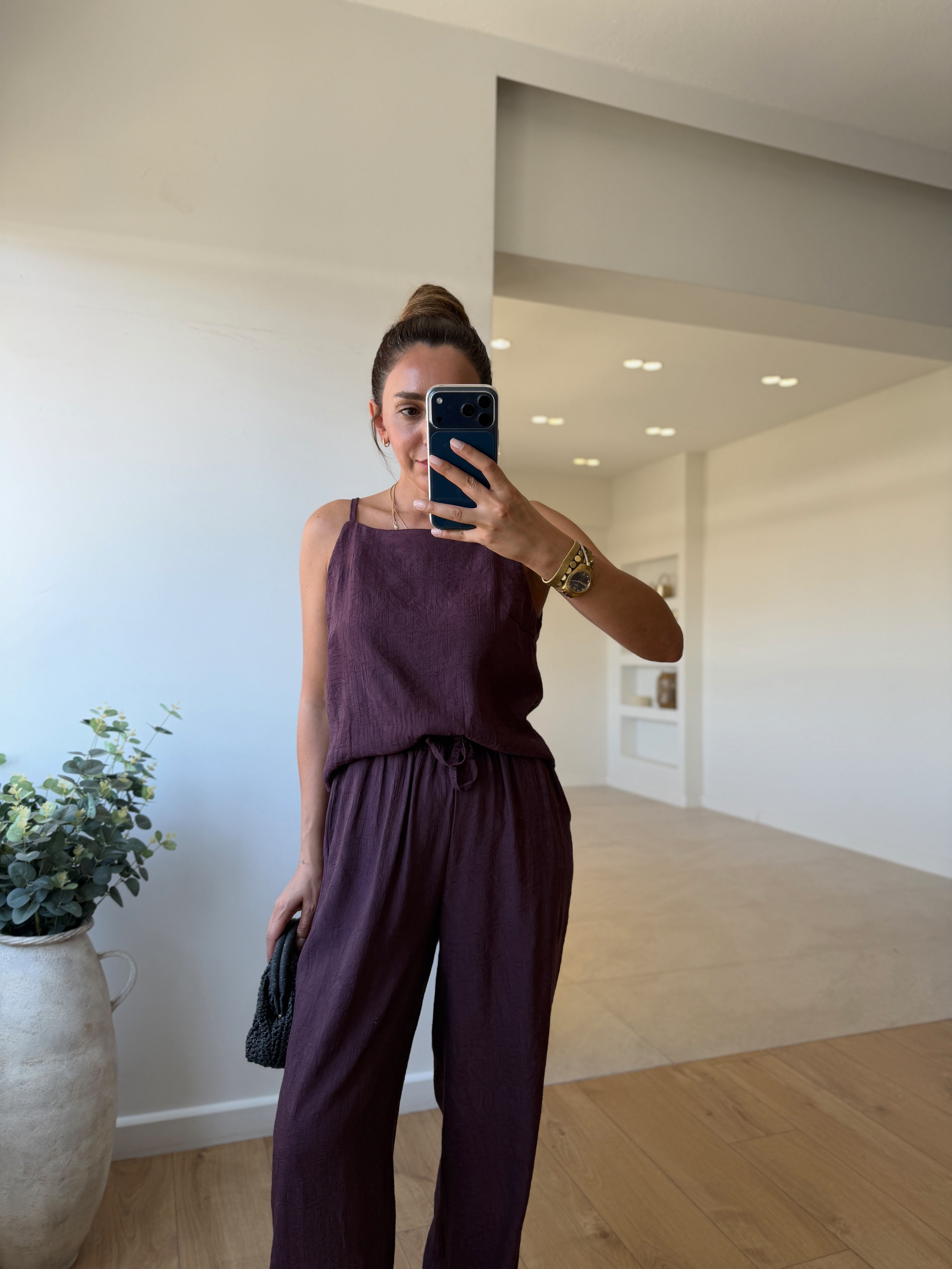 7341 Bordo Jakarlı Bluz Pantolon Takım