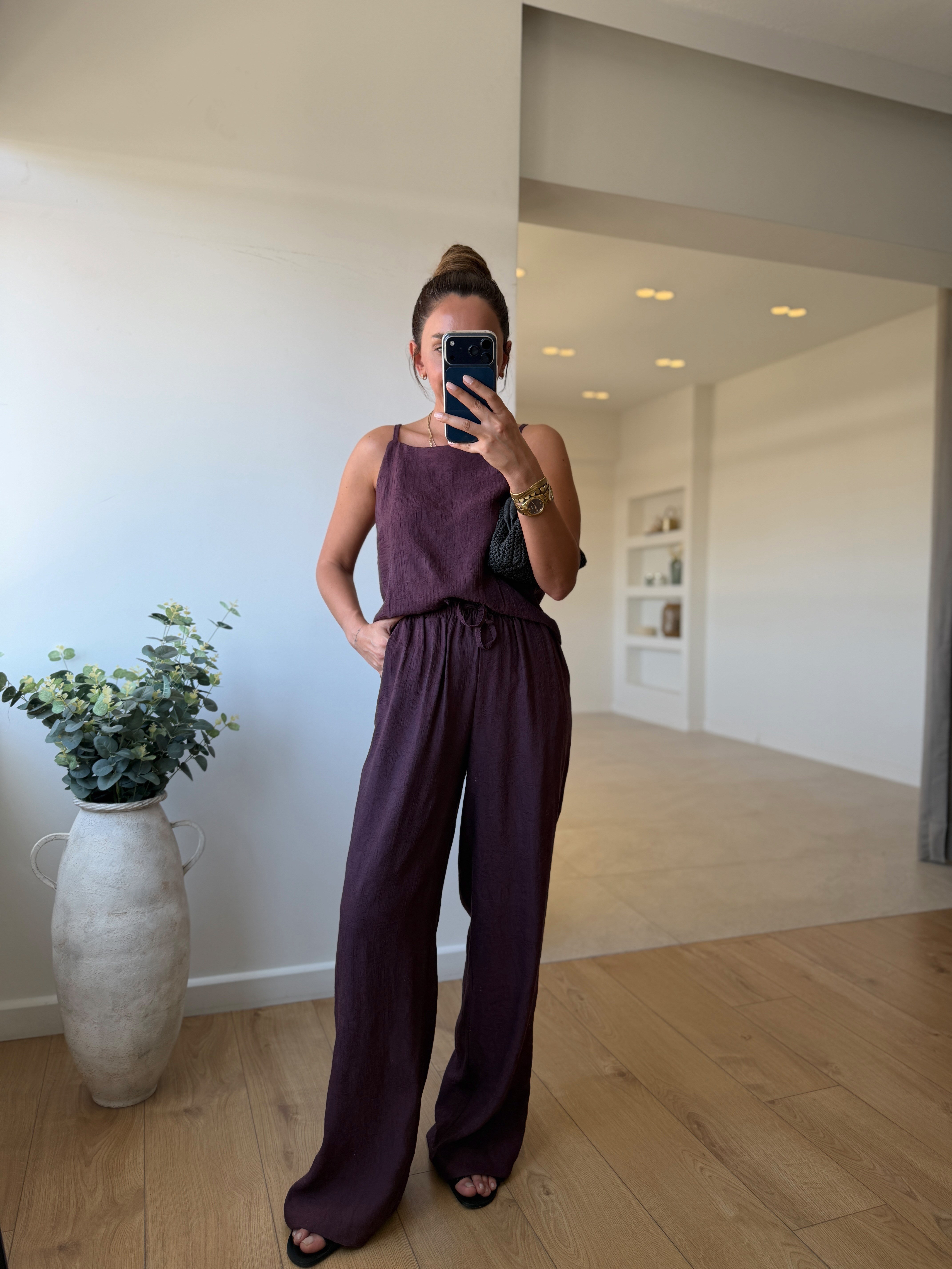 7341 Bordo Jakarlı Bluz Pantolon Takım