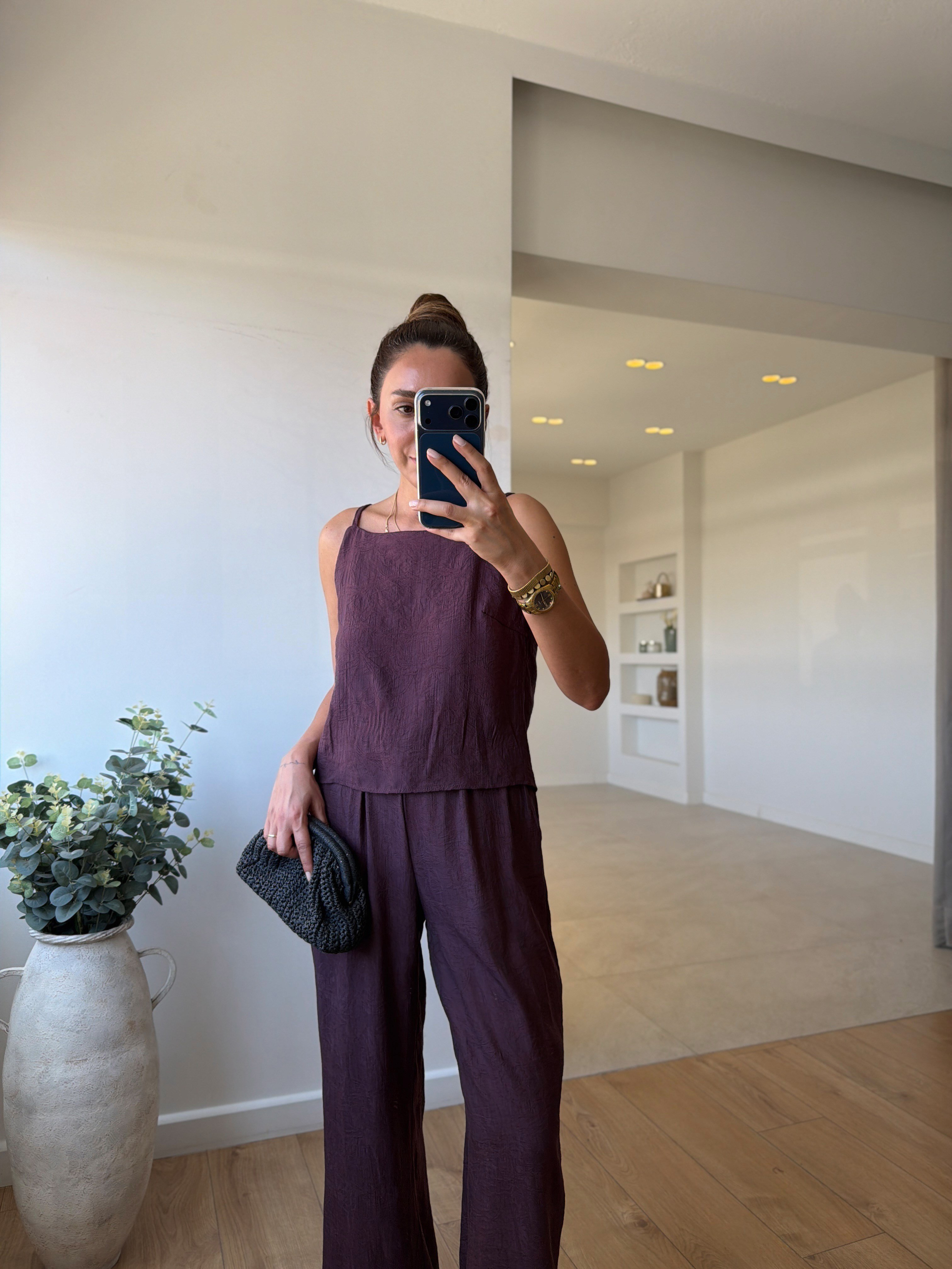 7341 Bordo Jakarlı Bluz Pantolon Takım