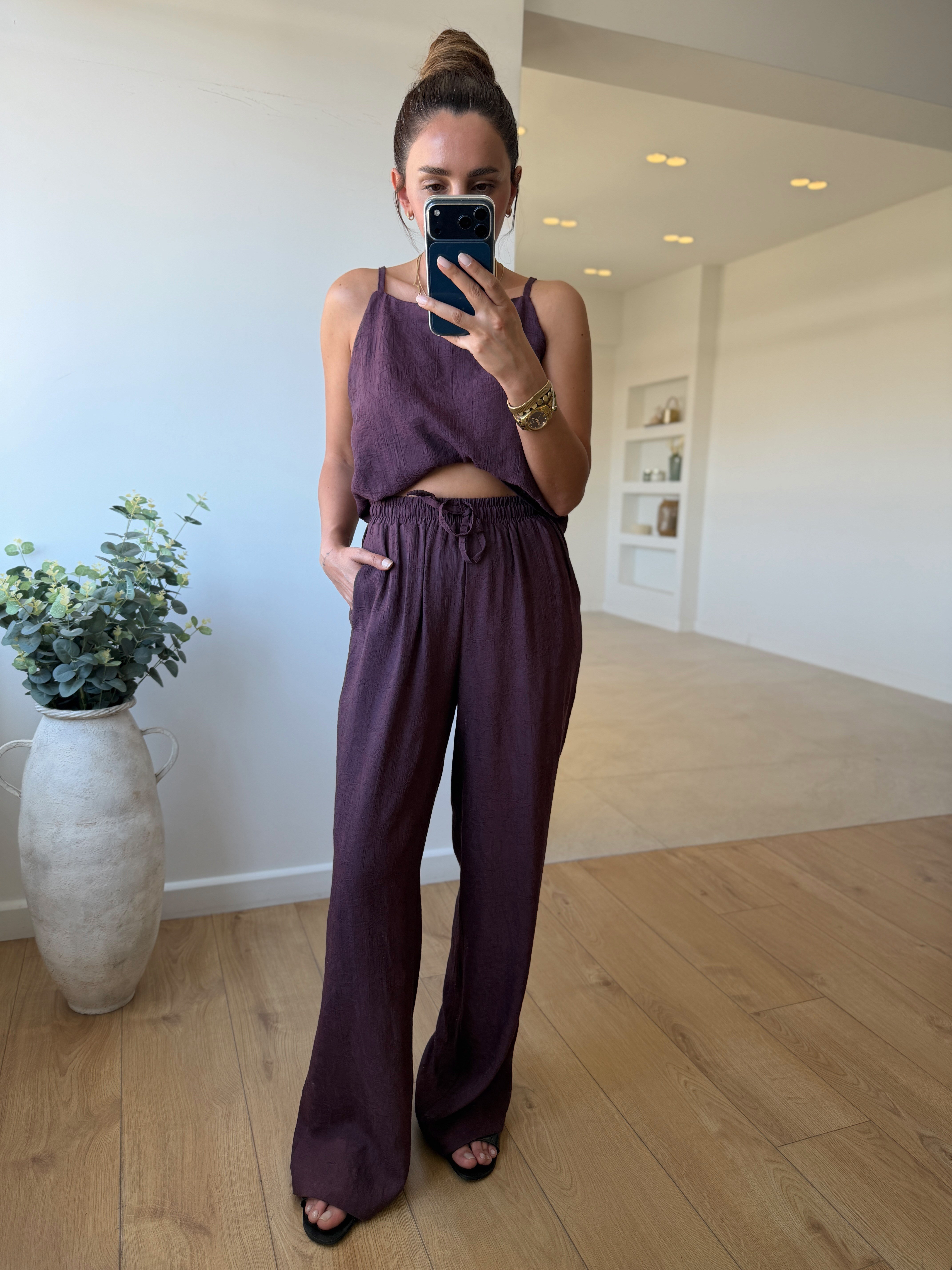 7341 Bordo Jakarlı Bluz Pantolon Takım