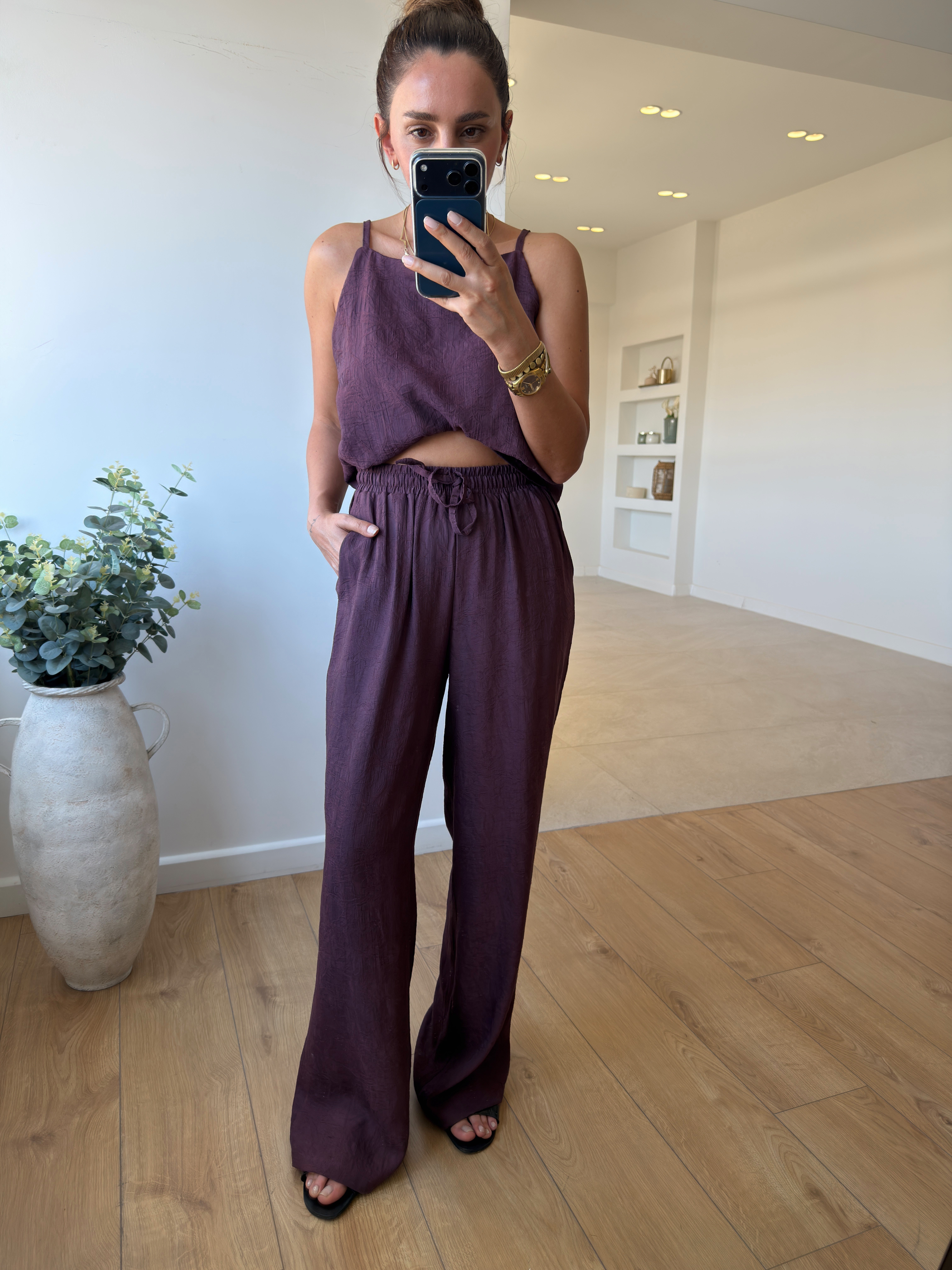 7341 Bordo Jakarlı Bluz Pantolon Takım
