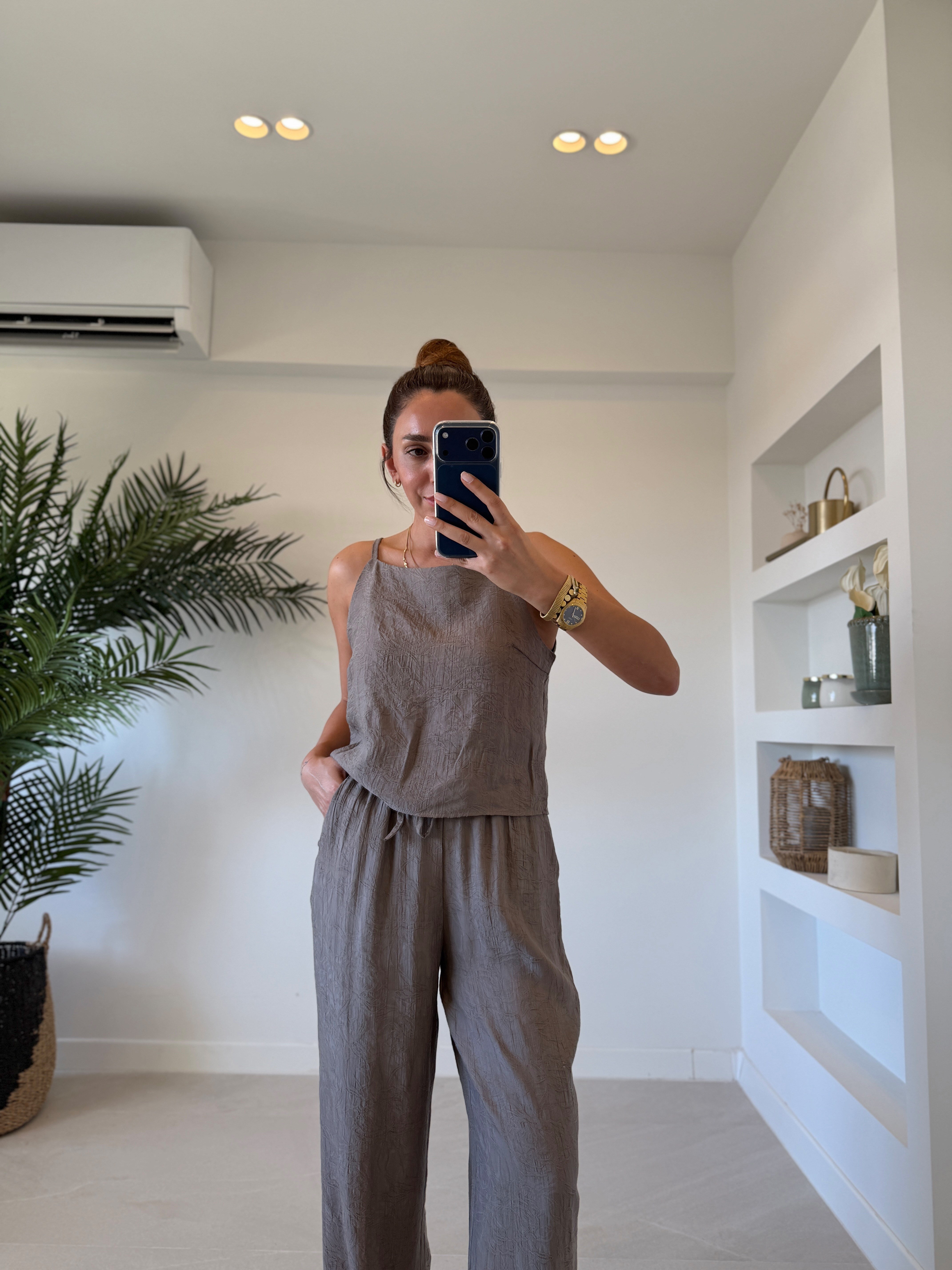 7341 Duman Gri Jakarlı Bluz Pantolon Takım